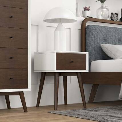 Front. LUCKY ONE - 22.5" Assembled Mid Century Nightstand 1-Drawer Solid Wood - Dark Brown,White.