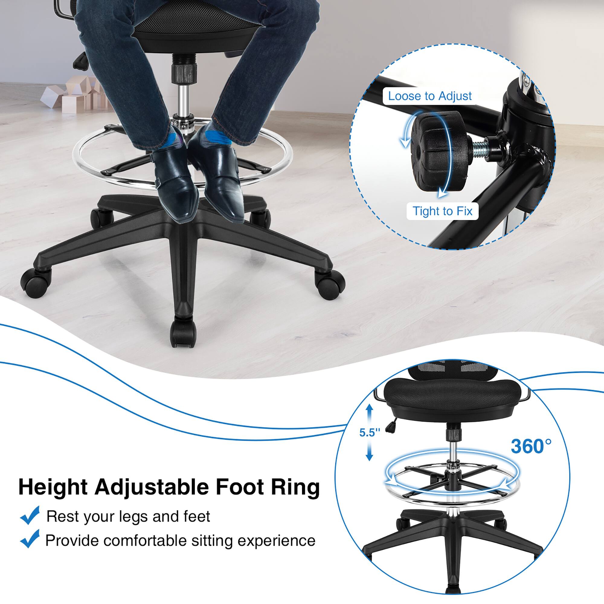 "Loose to Adjust Tight to Fix" refers to the adjustable foot ring, which allows the user to customize the fit for their feet. The "5.5" 360 Height Adjustable Foot Ring" is designed to provide comfort and support for the user's legs and feet, ensuring a comfortable sitting experience.