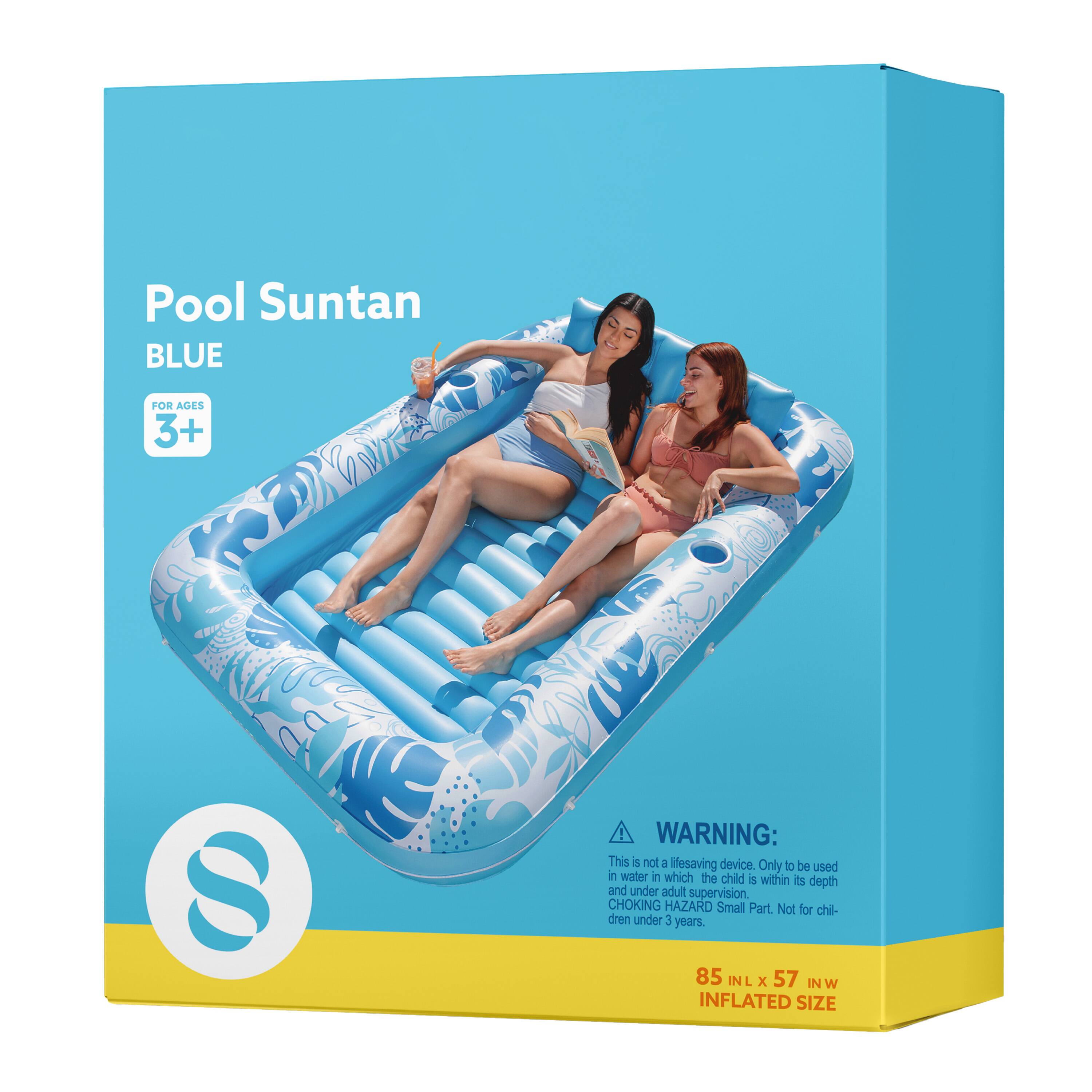 Pool Suntan BLUE FOR AGES 3+  
WARNING: This is not a lifesaving device. Only to be used in water in which the child is within its depth and under adult supervision.  
CHOKING HAZARD Small Part. Not for children under 3 years.  
85 INL x 57 IN W INFLATED SIZE