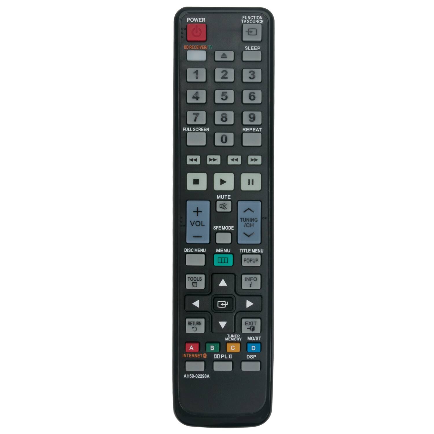 POWER FUNCTION TV SOURCE Le BO RECEIVER TV SLEEP 1 2 3 4 5 6 7 FULL SCREEN 8 0 9 REPEAT - MUTE + VOL E TUNING ICH SFE MODE DISC MENU MENU TITLE MENU POPUP TOOLS INFO i RETURN EXIT TUNES MEMORY MO/ST A INTERNET B C D0 OPLE PL II D DSP AH59-02298A