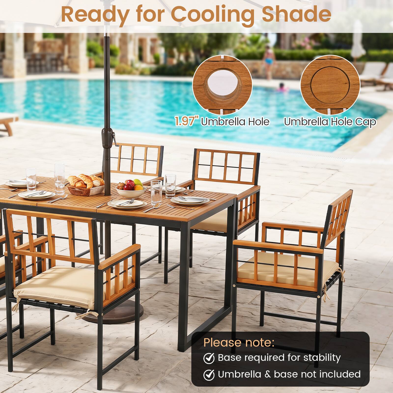 Ready for Cooling Shade

1.97" Umbrella Hole Umbrella Hole Cap

Please note:
- Base required for stability
- Umbrella & base not included