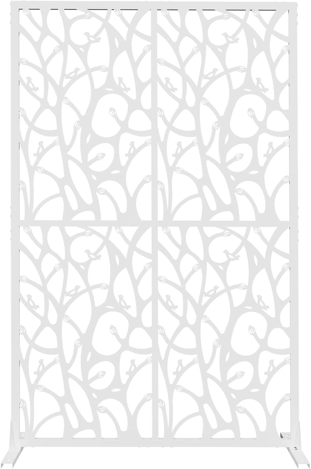 Alt View 4. MOOSOO - Metal Privacy Fence Screen 72x45.3" – Freestanding Decorative Outdoor & Indoor Room Divider Screen with Bird Pattern - White.