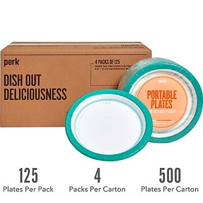 perk  
DISH OUT DELICIOUSNESS  
4 PACKS OF 125  
WHIN THE FINE CHINA'IN 21.39 CM  
EVERYDAY  
PORTABLE PLATES  
MOVEABLE FEASTS  

125 Plates Per Pack  
4 Packs Per Carton  
500 Plates Per Carton