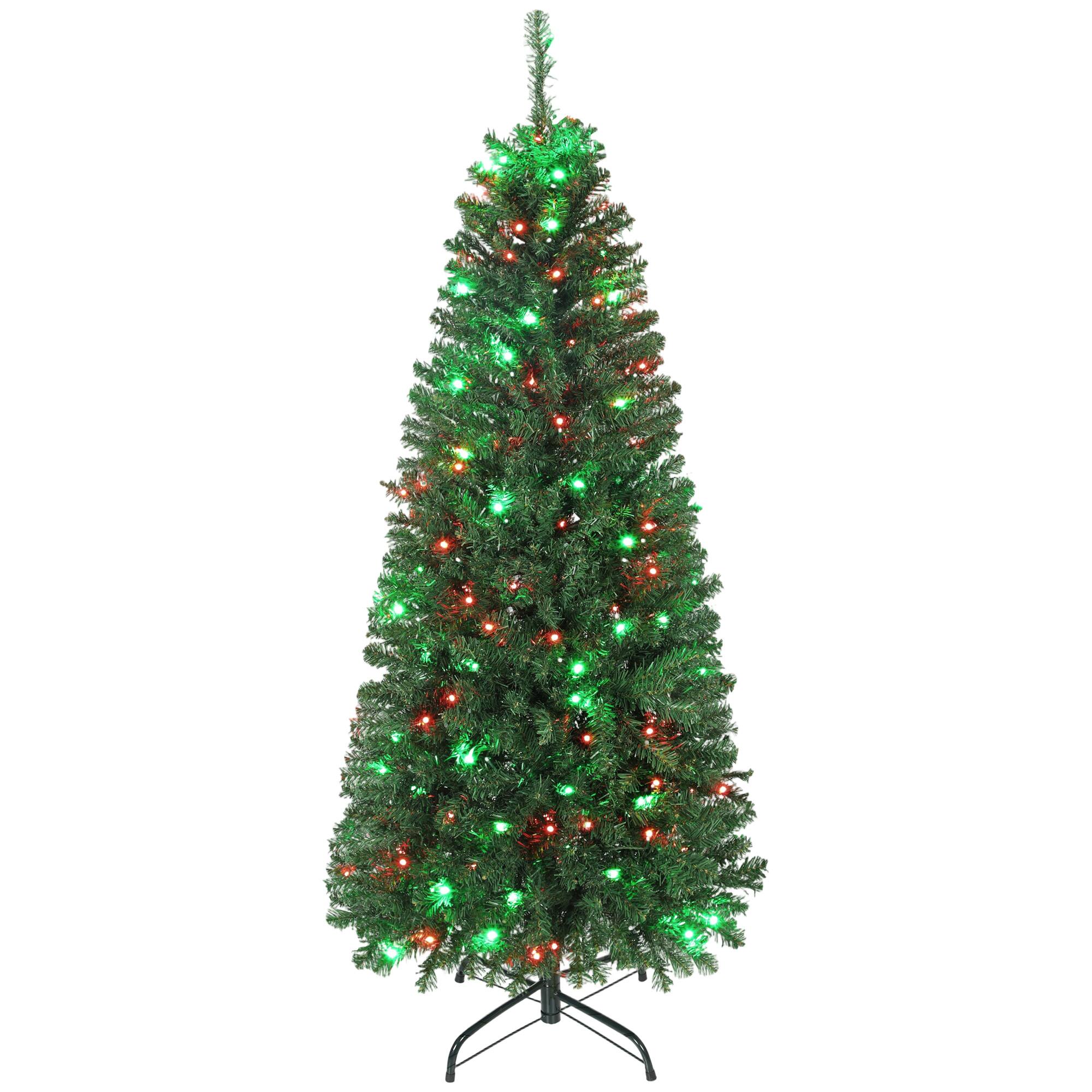 Homcom - Slim Prelit Christmas Tree, Colorful DIY Sync LED Lights, Remote, Hinged Fir, Dense Tips, 12 Modes, Timer - Green