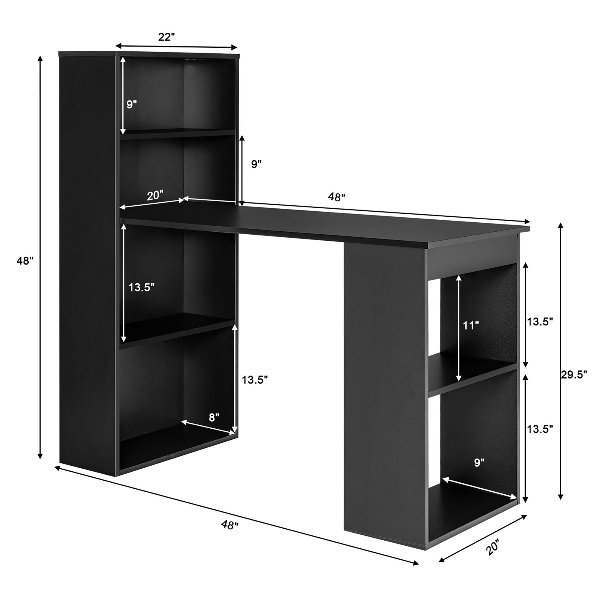 The text on the image reads: "22" 9" 9" 20" 48" 48" 13.5" 11" 13.5" 13.5" 29.5" 8" 13.5" 9" 48" 20". This text is describing the dimensions of a black shelf unit. The dimensions include the height, width, and depth of the shelves, as well as the overall size of the unit. The shelves are 22 inches tall, 9 inches wide, and 9 inches deep. The overall size of the unit is 20 inches tall, 48 inches wide, and 48 inches deep.