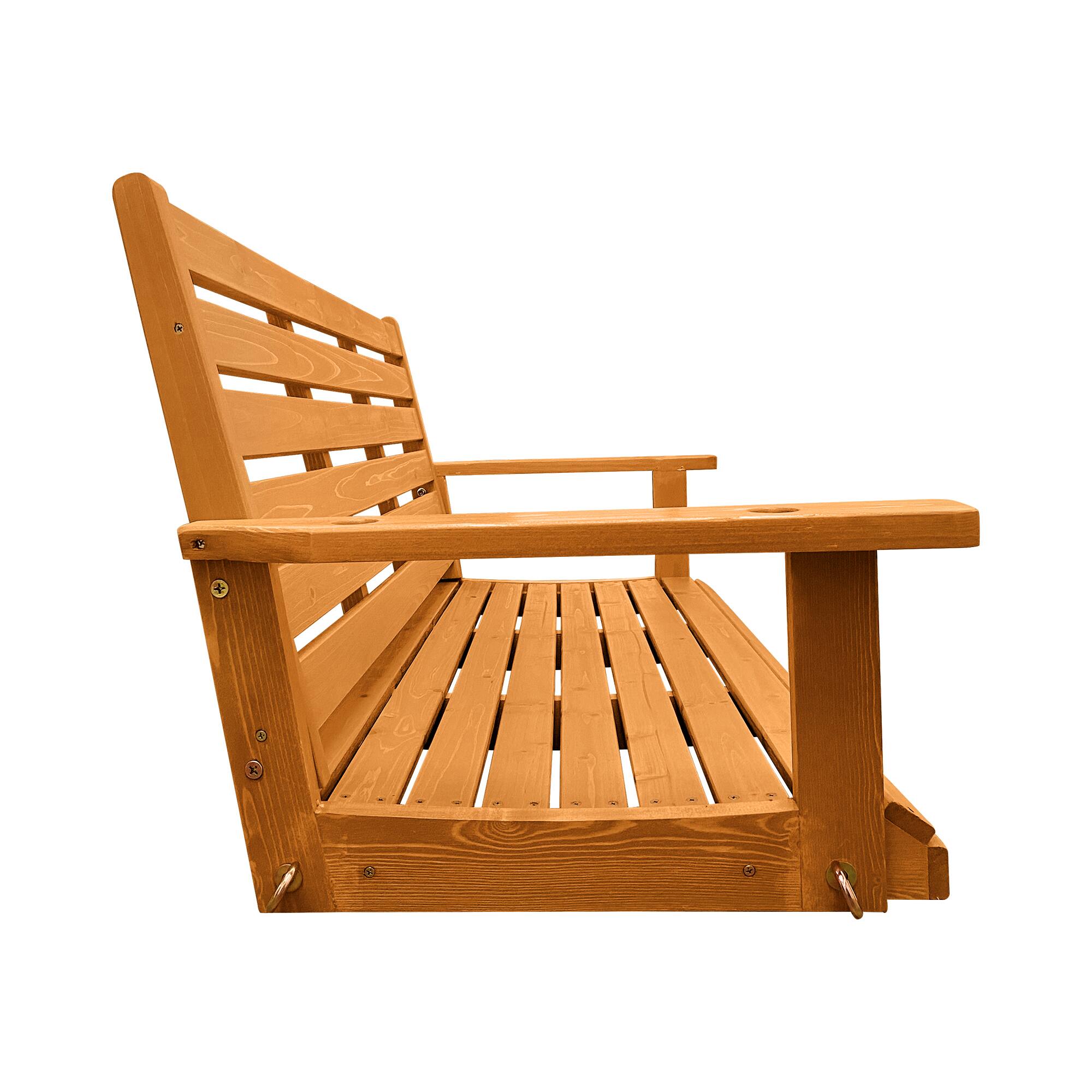 Left. Fortune Candy - Wooden Porch Swing Bench with Hanging Chains & Springs for Outdoor Patio Garden Yard (2-Seater Extra Large) - Amber.