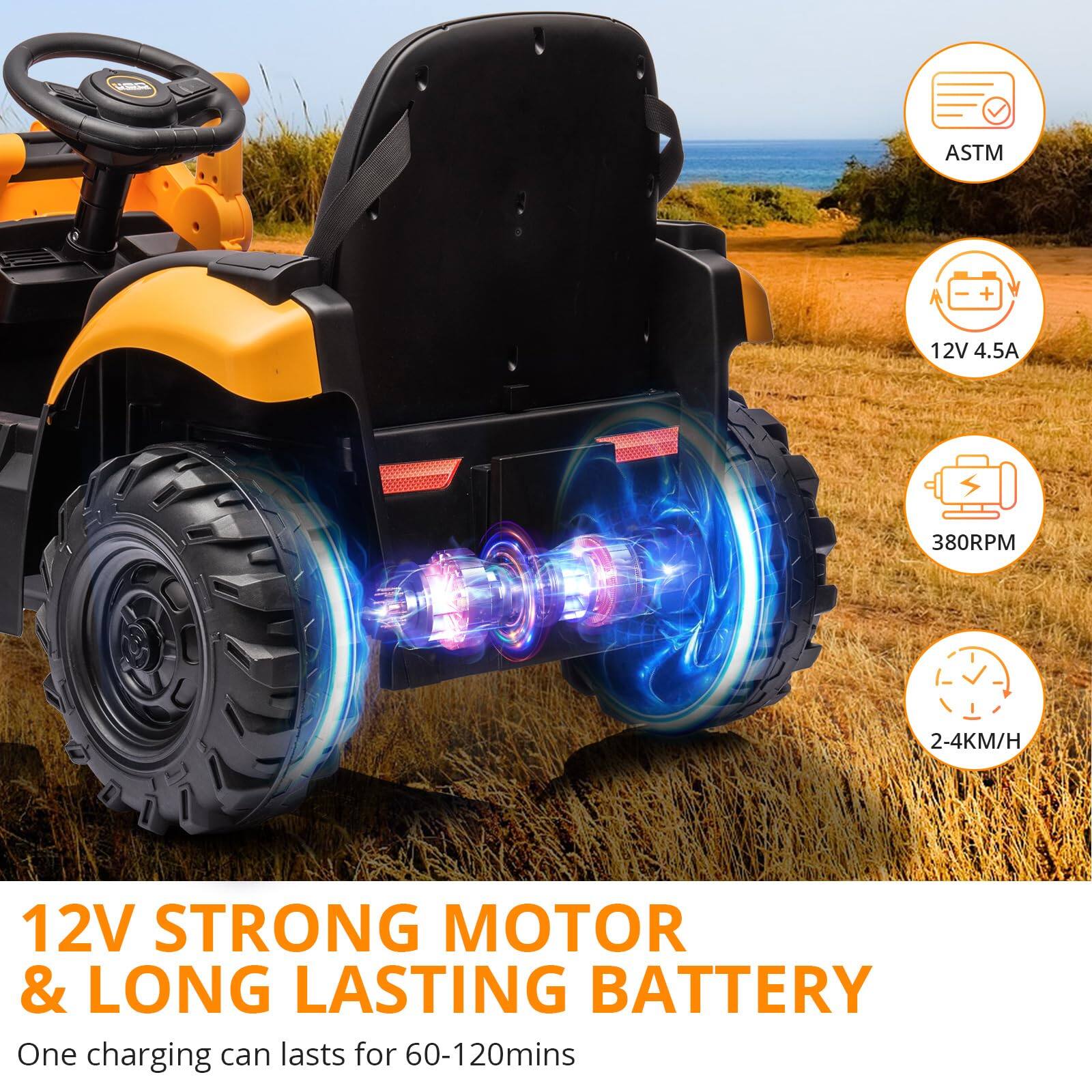 - ASTM
- 12V 4.5A
- 380RPM
- 2-4KM/H
- 12V STRONG MOTOR & LONG LASTING BATTERY
- One charging can lasts for 60-120mins