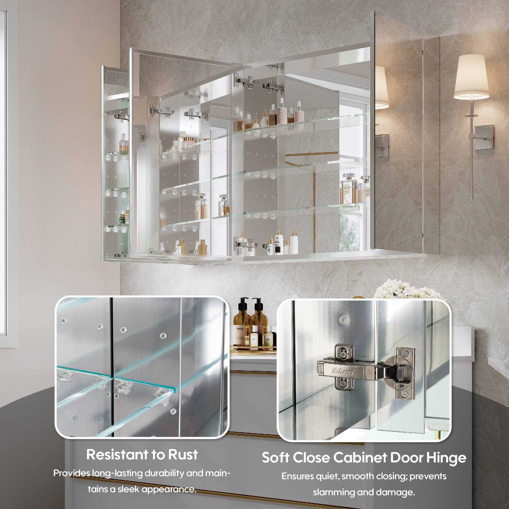 Resistant to Rust  
Provides long-lasting durability and maintains a sleek appearance.  

Soft Close Cabinet Door Hinge  
Ensures quiet, smooth closing; prevents slamming and damage.