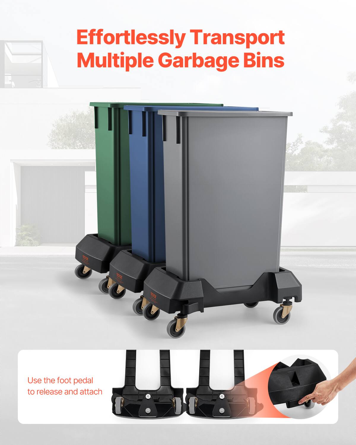 Effortlessly Transport Multiple Garbage Bins

Use the foot pedal to release and attach