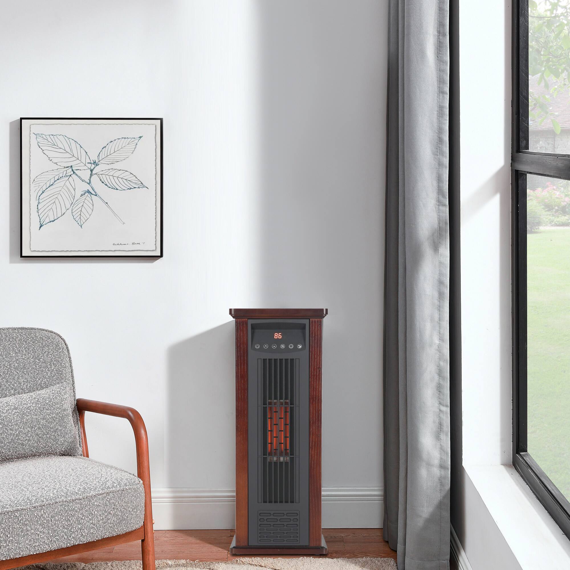 Angle. Vaczon - 1500W Quartz Infrared Tower Heater with Remote Control ECO Mode 3 Heat Settings, Overheat Protection for Indoor Home Use - Dark Walnut.