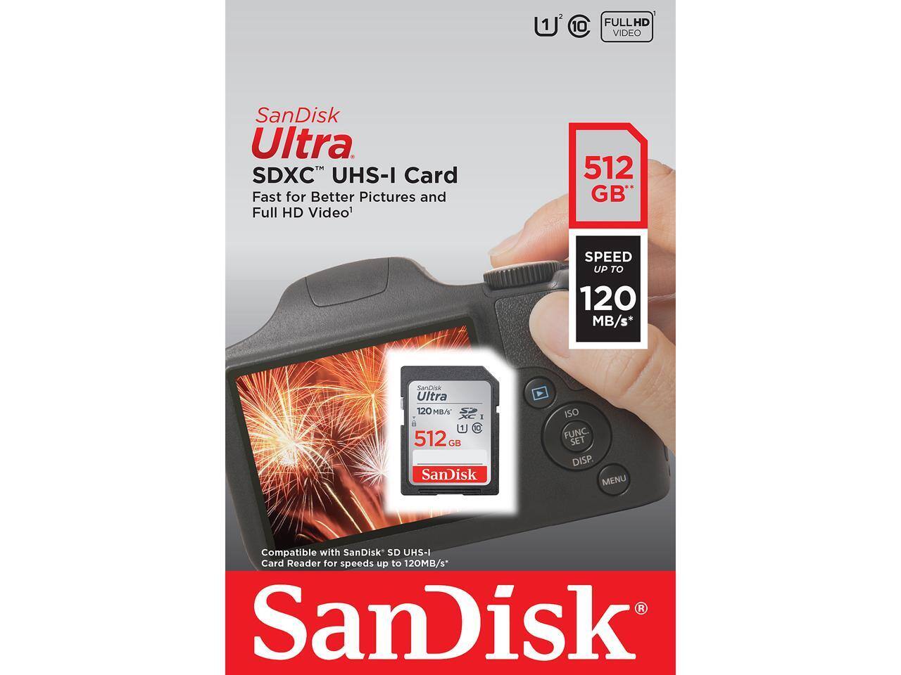 SanDisk Ultra SDXC UHS-I Card  
Fast for Better Pictures and Full HD Video  

512 GB  

Speed up to 120 MB/s*  

Compatible with SanDisk SD UHS-I Card Reader for speeds up to 120MB/s*  

SanDisk Ultra 120 MB/s  

ISO FUNC. SET DISP MENU  

FULL HD VIDEO  

SanDisk