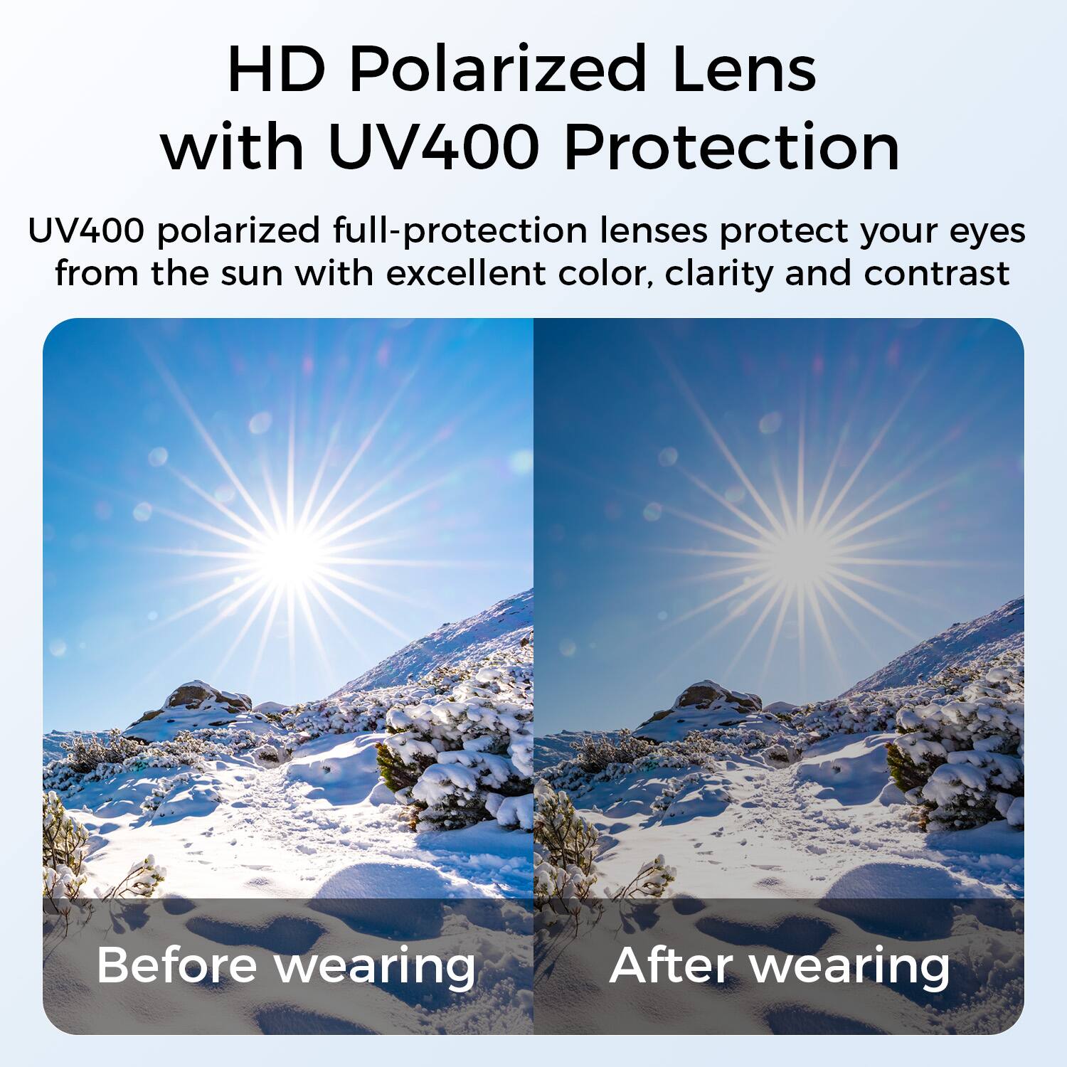 HD Polarized Lens with UV400 Protection

UV400 polarized full-protection lenses protect your eyes from the sun with excellent color, clarity, and contrast.

Before wearing

After wearing