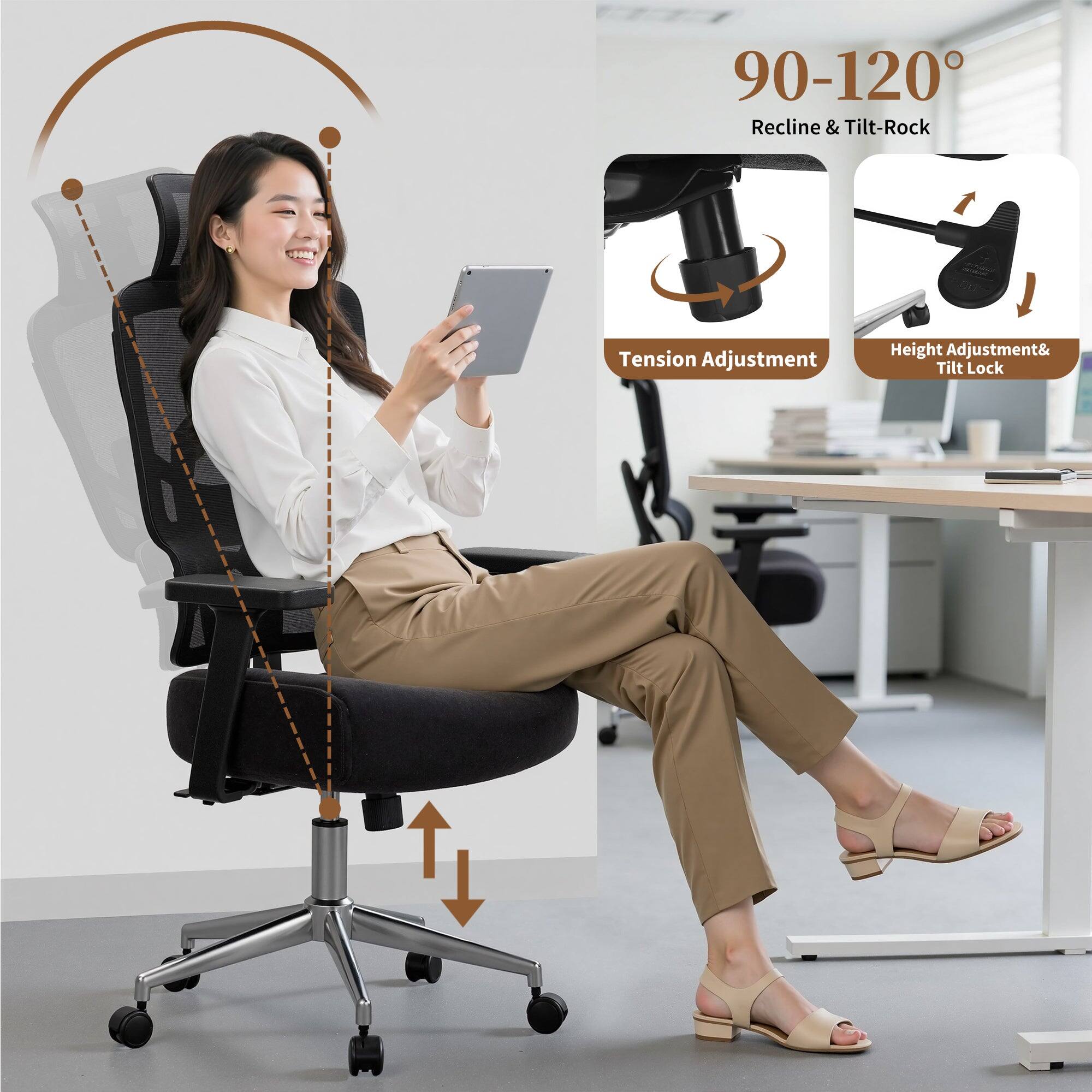 90-120°  
Recline & Tilt-Rock  

Tension Adjustment  
Height Adjustment & Tilt Lock