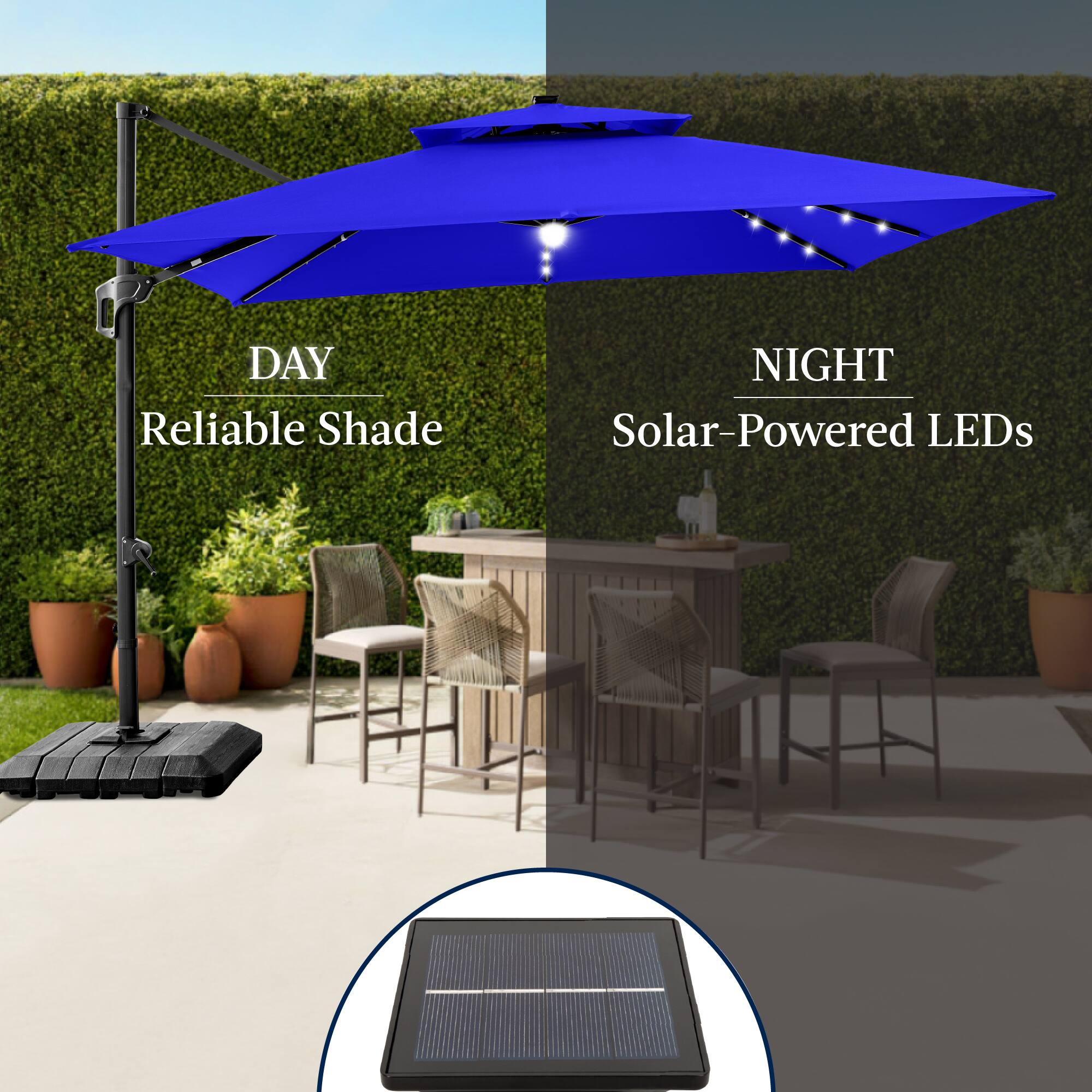 DAY  
Reliable Shade  

NIGHT  
Solar-Powered LEDs