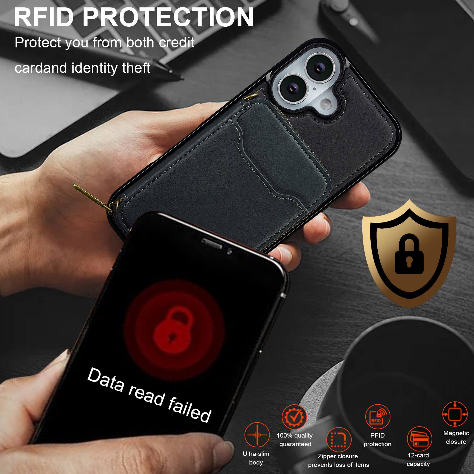 RFID PROTECTION  
Protect you from both credit card and identity theft  

Data read failed  

100% quality guaranteed protection  
Ultra-slim closure  
Zipper body prevents loss of items  
Magnetic closure  
12-card capacity  

RFID PROTECTION  
Protect you from both credit card and identity theft
