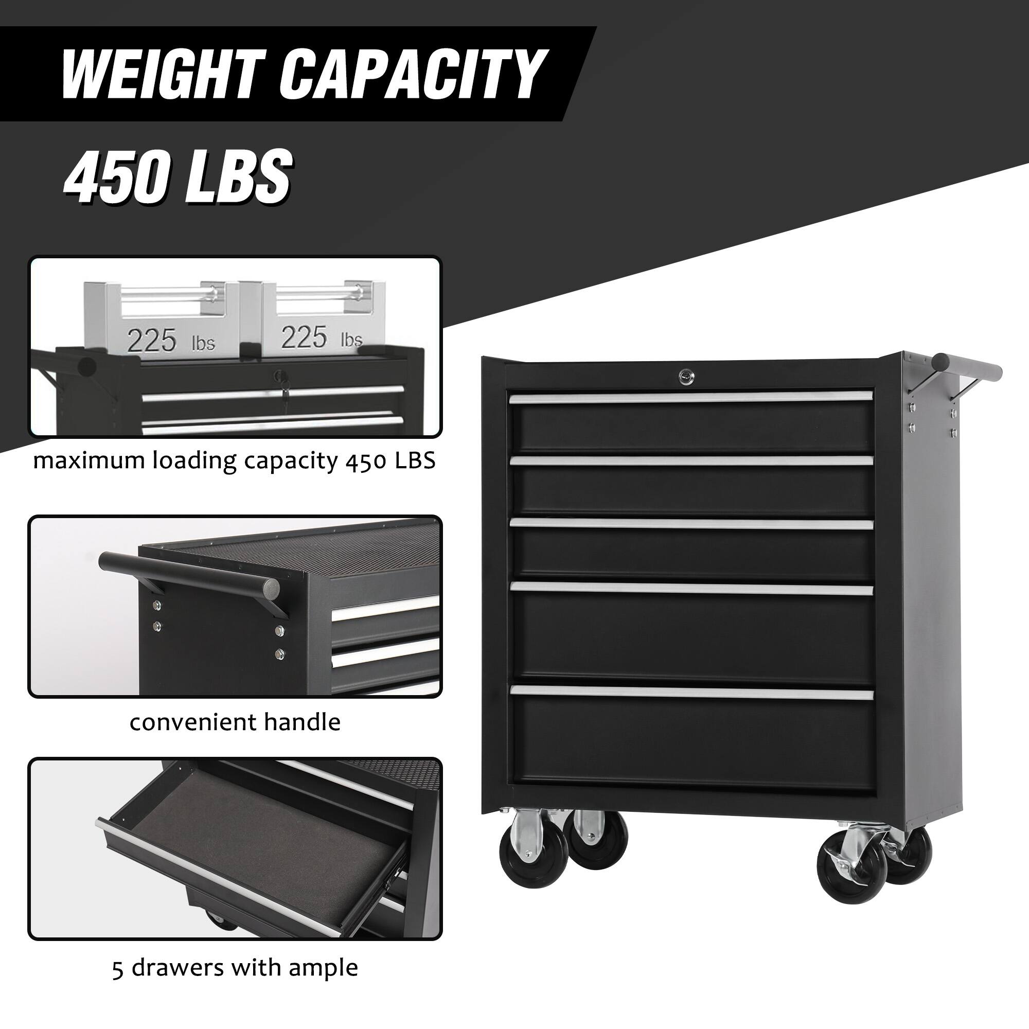 WEIGHT CAPACITY  
450 LBS  

maximum loading capacity 450 LBS  

convenient handle  

5 drawers with ample