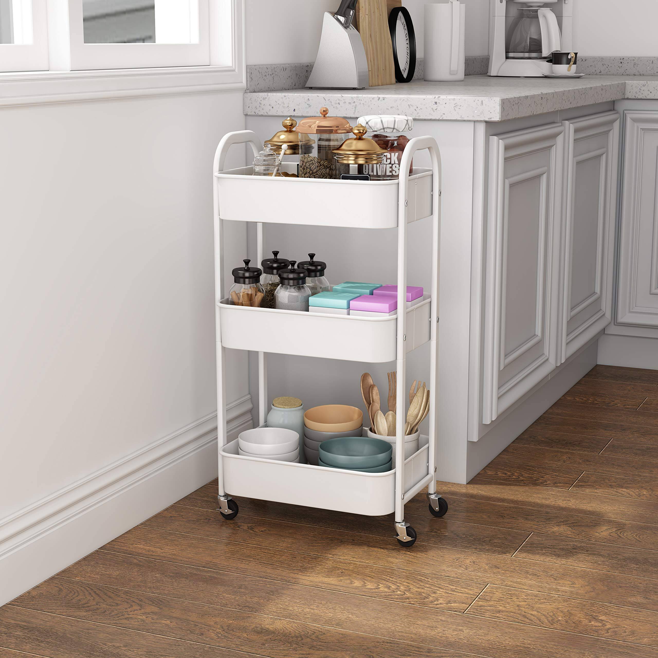 Alt View 1. JETRANSPORT - 3-tier Rolling Utility Cart With Caster Wheels Easy Assembly For Kitchen Bathroom (white) Install - Silvery-grey 3-Tier Standard Cart.