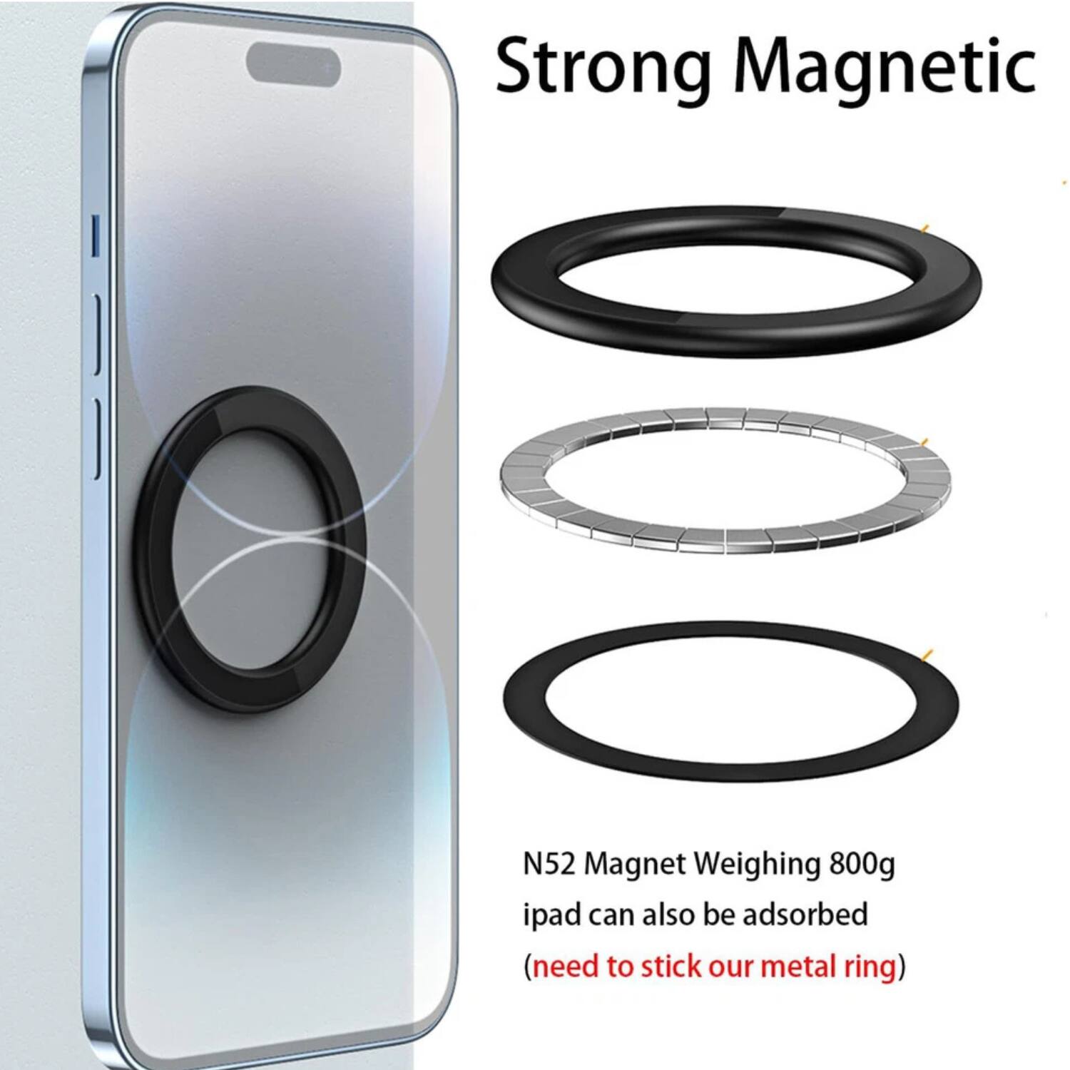 Strong Magnetic

N52 Magnet Weighing 800g

iPad can also be adsorbed (need to stick our metal ring)