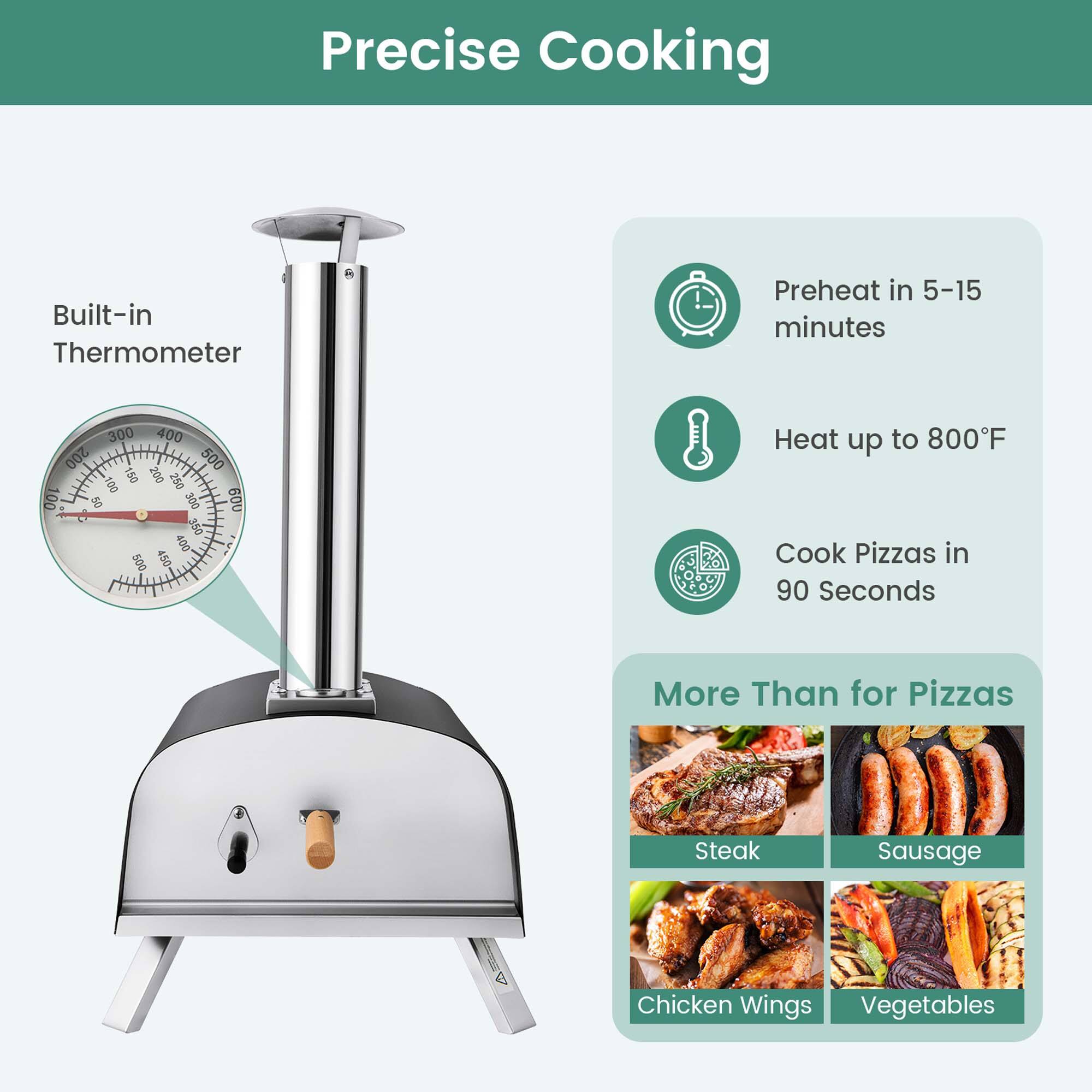 Precise Cooking Built-in Thermometer Preheat in 5-15 minutes 300 400 200 500 150 200 oz 100 100 5 300 600 C 350 400 500 450 Heat up to 800F Cook Pizzas in 90 Seconds More Than for Pizzas Steak Sausage Chicken Wings Vegetables