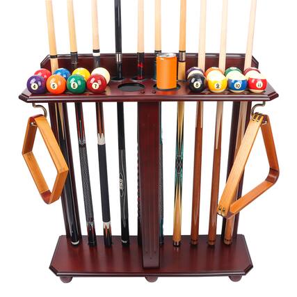 Front. GSE Games & Sports Expert - Wood 10 Floor Stand Pool Cue Rack Only Holds Full Balls Set, Ball Racks, Drink Holders - Mahogany - Mahogany.