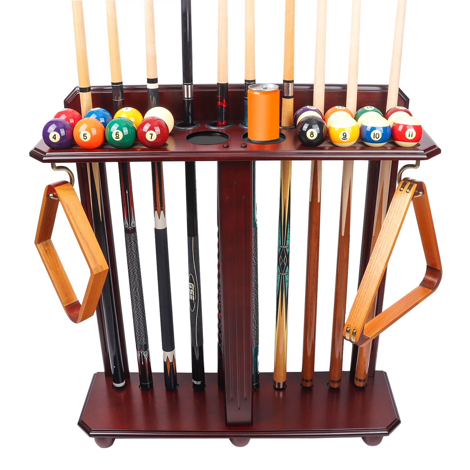 GSE Games & Sports Expert - Wood 10 Floor Stand Pool Cue Rack Only Holds Full Balls Set, Ball Racks, Drink Holders - Mahogany