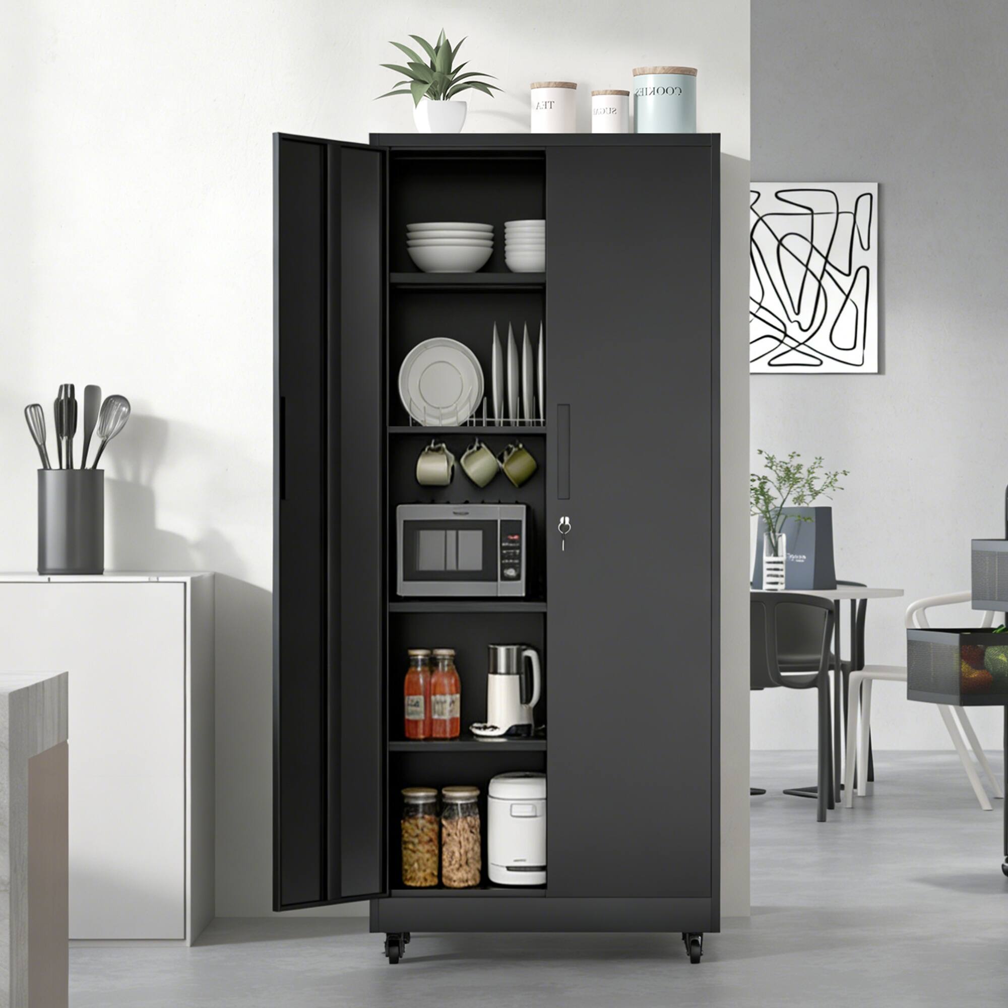 Left. Anysun - Anysun Garage Anti-Tip Design Lockable Storage Cabinet with Swivel Casters and Adjustable Shelves - Black.