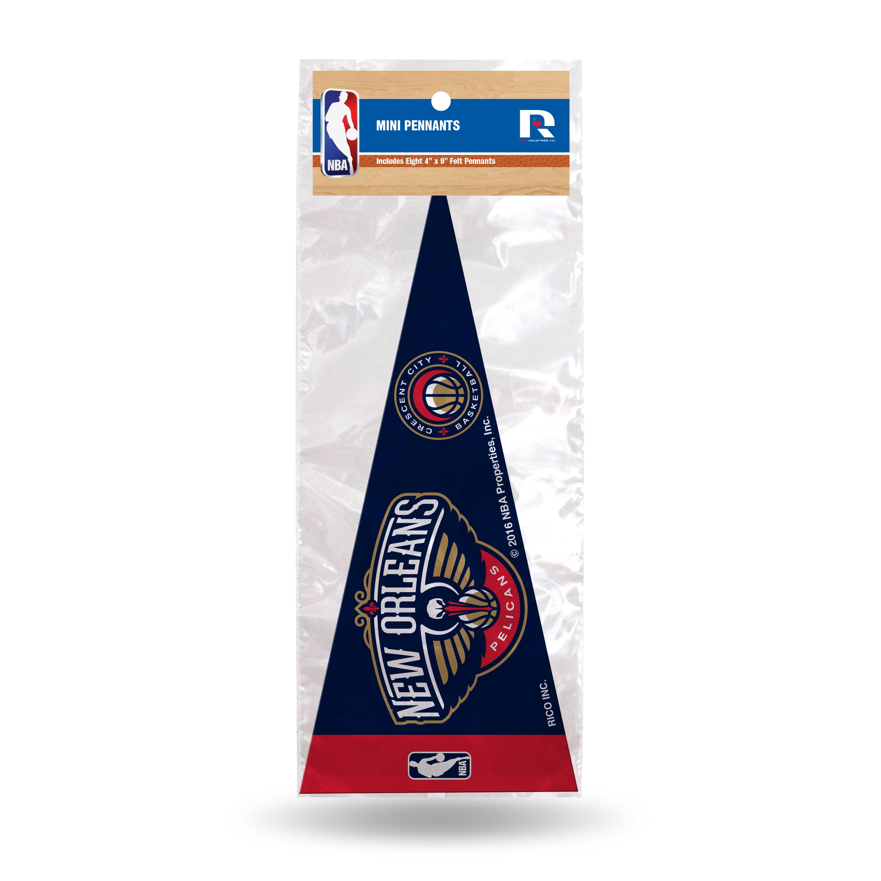 NBA MINI PENNANTS  
Includes Eight 4" x 6" Felt Pennants  

NEW ORLEANS PELICANS  
2016 NBA Properties, Inc.  
RICO INC.  

MINI PENNANTS  
9" Felt Pennants