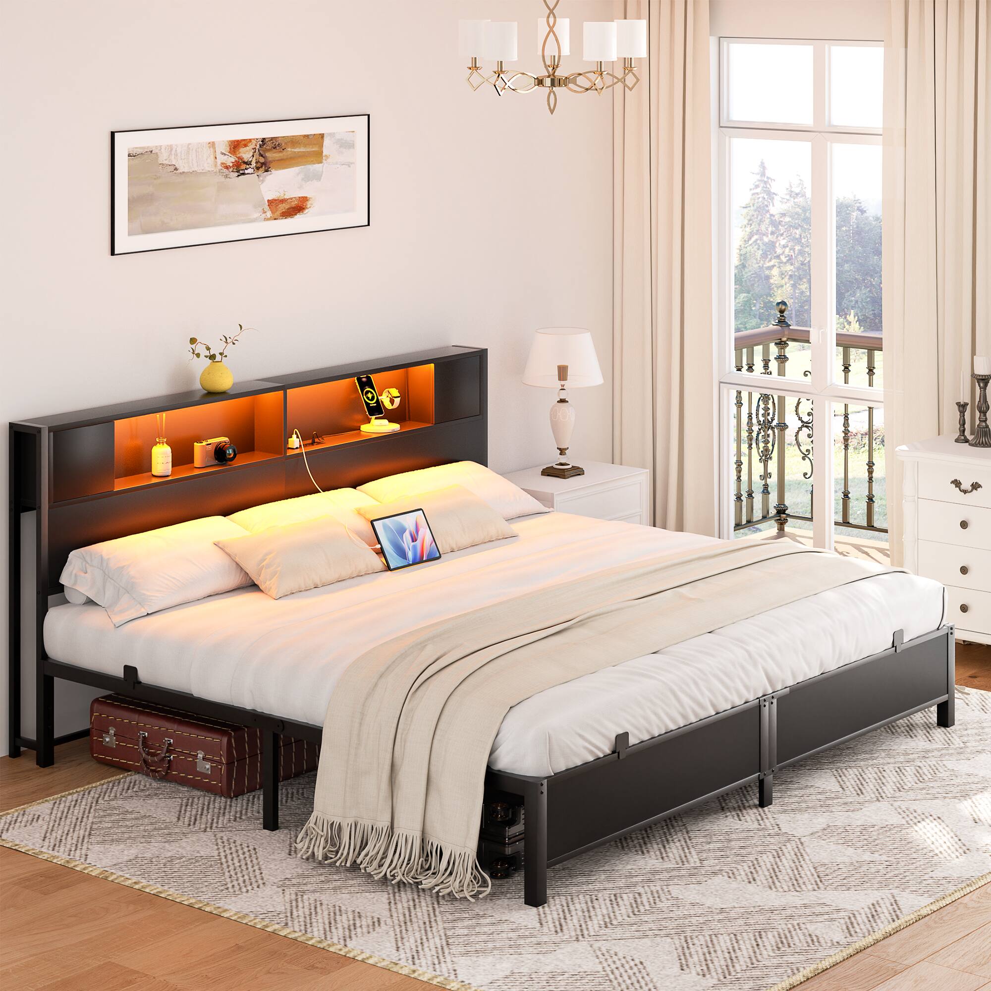 Alt View 2. Aheaplus - Industrial Metal Bed Frame: Storage Headboard / Charging, LED Lights, Steel Slats, No Box Spring, Easy Assembly - Black.