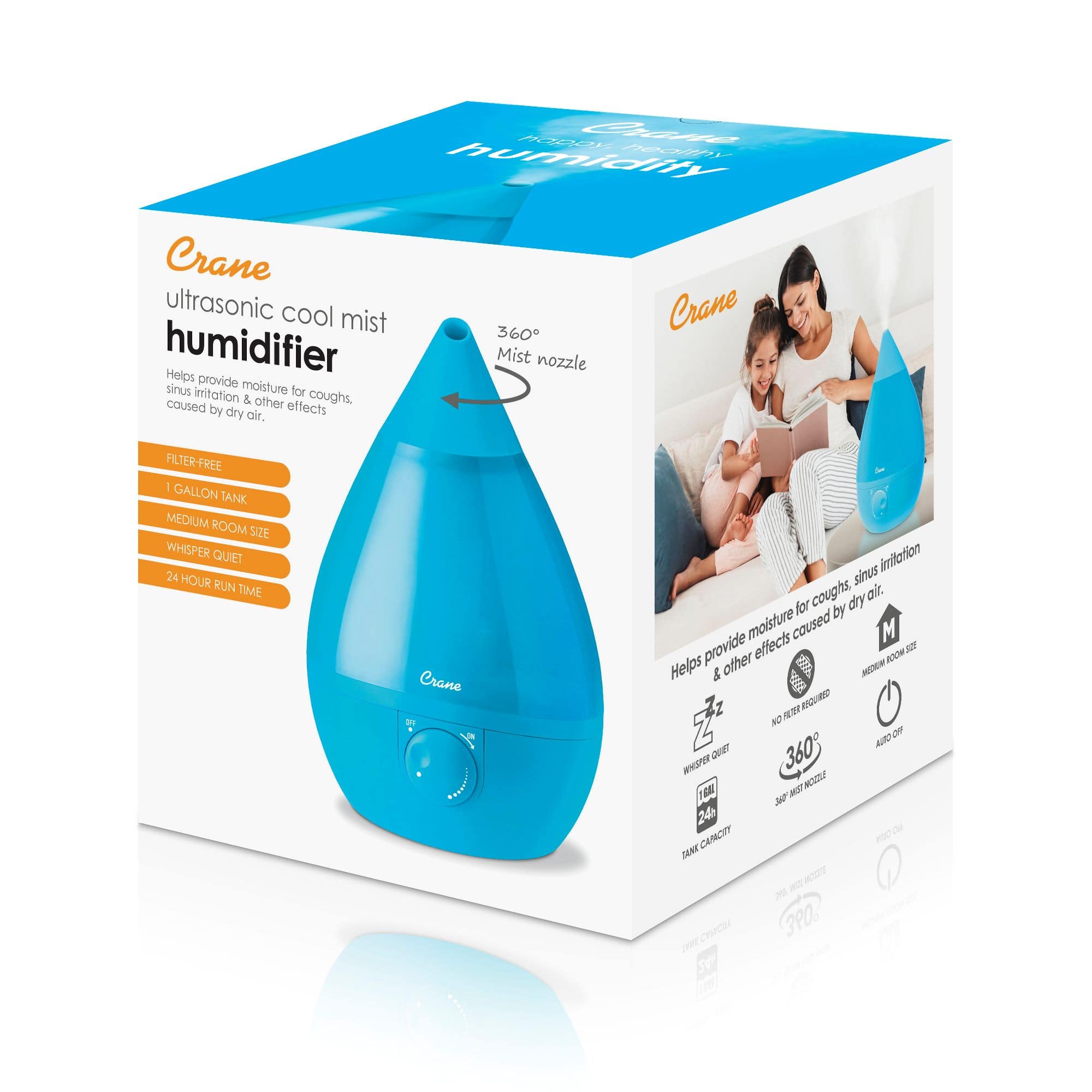 The image features a blue Crane Ultrasonic Cool Mist Humidifier with a 360-degree mist nozzle. The humidifier is designed to provide moisture for sinus and cough relief, as well as other respiratory issues caused by dry air. The humidifier has a filter-free design and a large 1.5-gallon tank, making it suitable for medium-sized rooms. It is also whisper quiet and has a 24-hour run time. The humidifier is displayed in a box, showcasing its features and benefits.