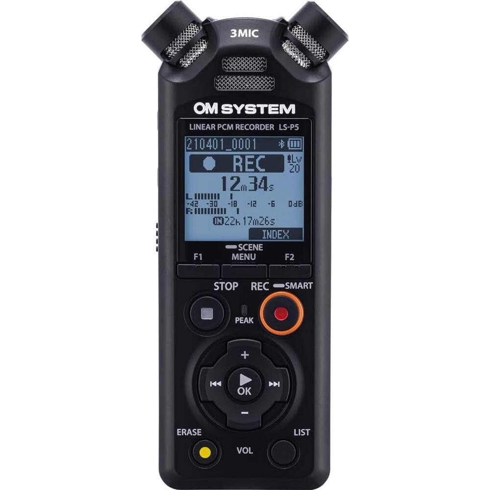 Sure, here is the corrected and grouped text from the image:

---

**3MIC**

**OM SYSTEM**

**LINEAR PCM RECORDER LS-P5**

**210401_0001**

**REC**

**12m34s**

**Lv 20**

**-12 -6 0dB**

**17m26s**

**INDEX**

**F1 SCENE**

**F2 MENU**

**REC SMART**

**STOP**

**PEAK**

**ERASE**

**VOL**

**LIST**

**OK**

**D - ERASE LIST**

**SMART PEAK + 144**

**IN 22k**

**OK**

---

This text is organized based on the layout and labels visible on the recorder.