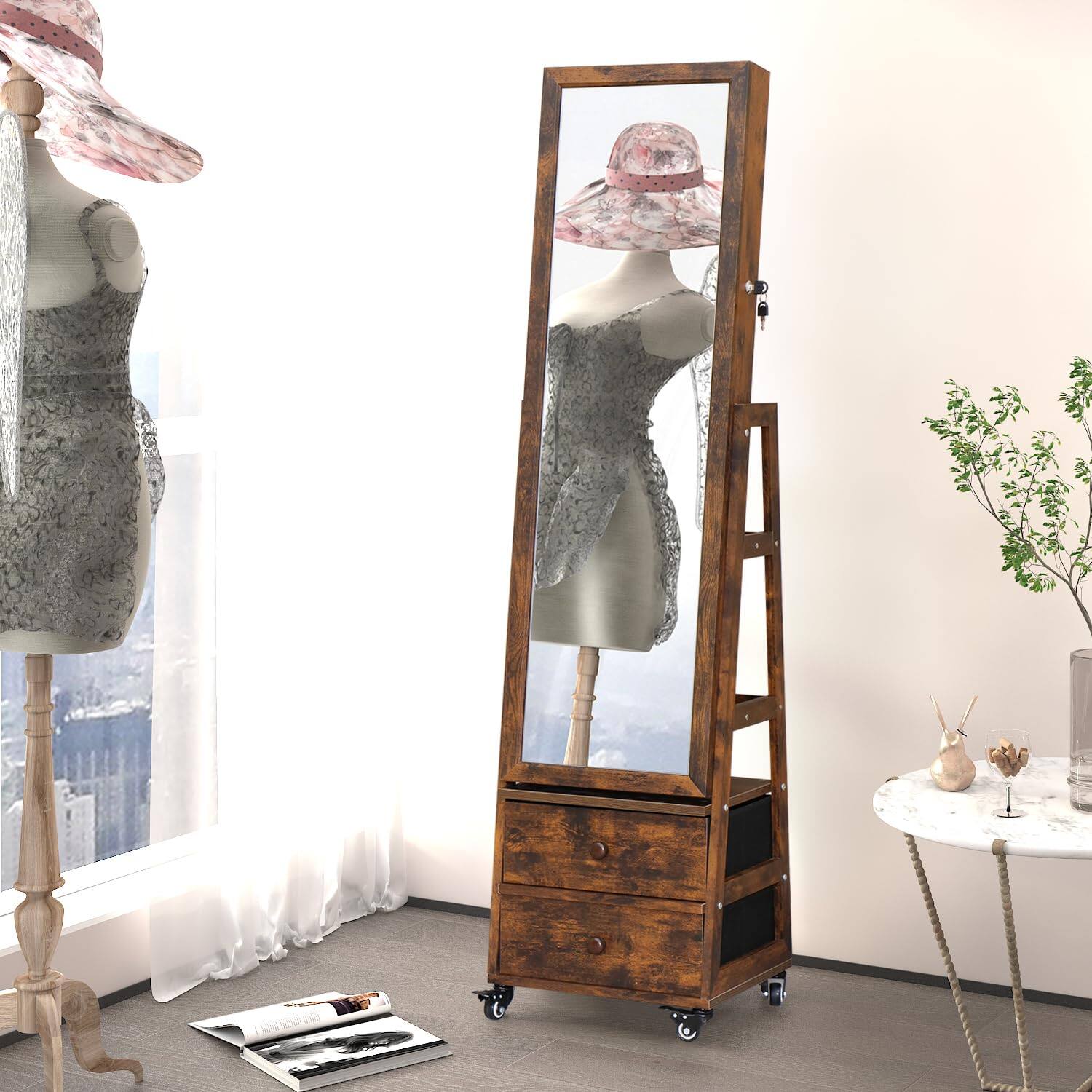 Alt View 3. Cedar Assembly - Rotating Cabinet With Vanity Mirror Full Length Storage Armoire Lockable Organizer Standing Drawers Wheels ... - Off White 63*16+LED Lights.