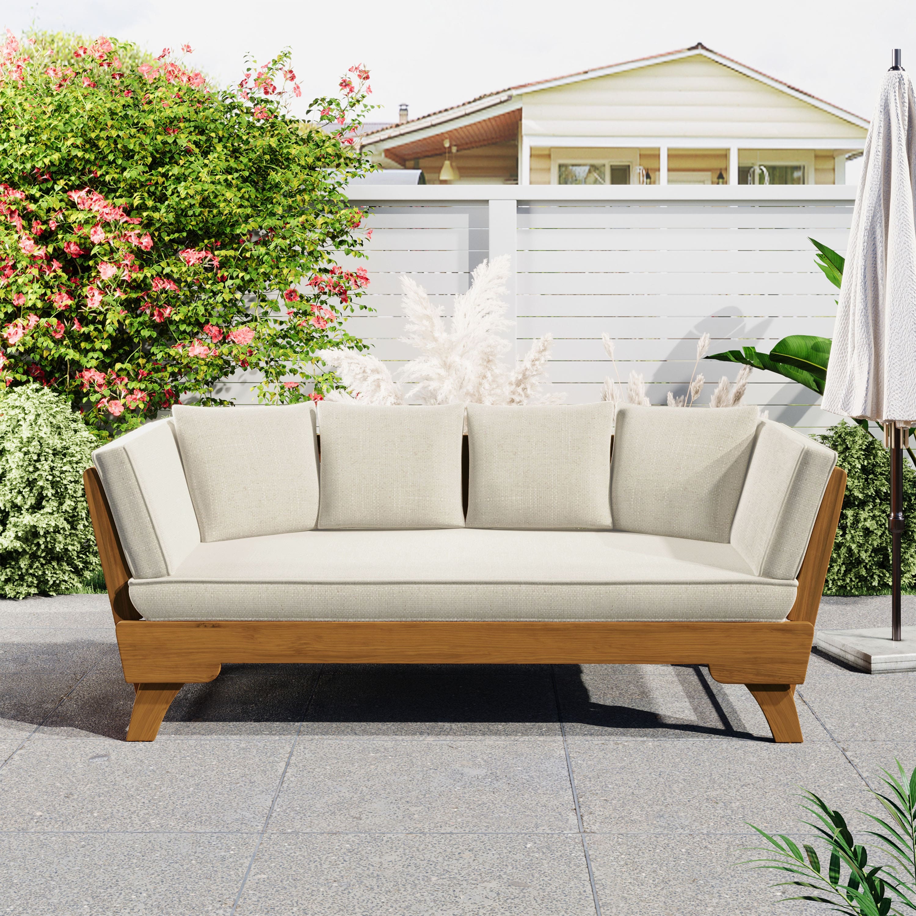 Mondawe - Outdoor Patio Daybed Sofa with Foldable Arm 4 Back Pillows - Teak+ Beige