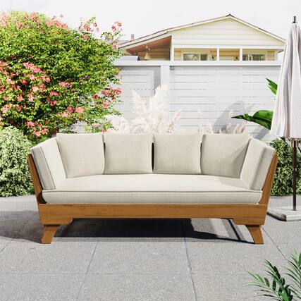 Front. Mondawe - Outdoor Patio Daybed Sofa with Foldable Arm 4 Back Pillows - Teak+ Beige.