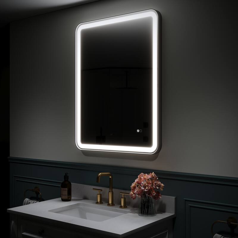 Left. WELLFOR - 28 in. W x 36 in. H Anti-Fog LED Bathroom Mirror, Wall Bathroom Vanity Mirror with Framed Round Corner - Matte Black.