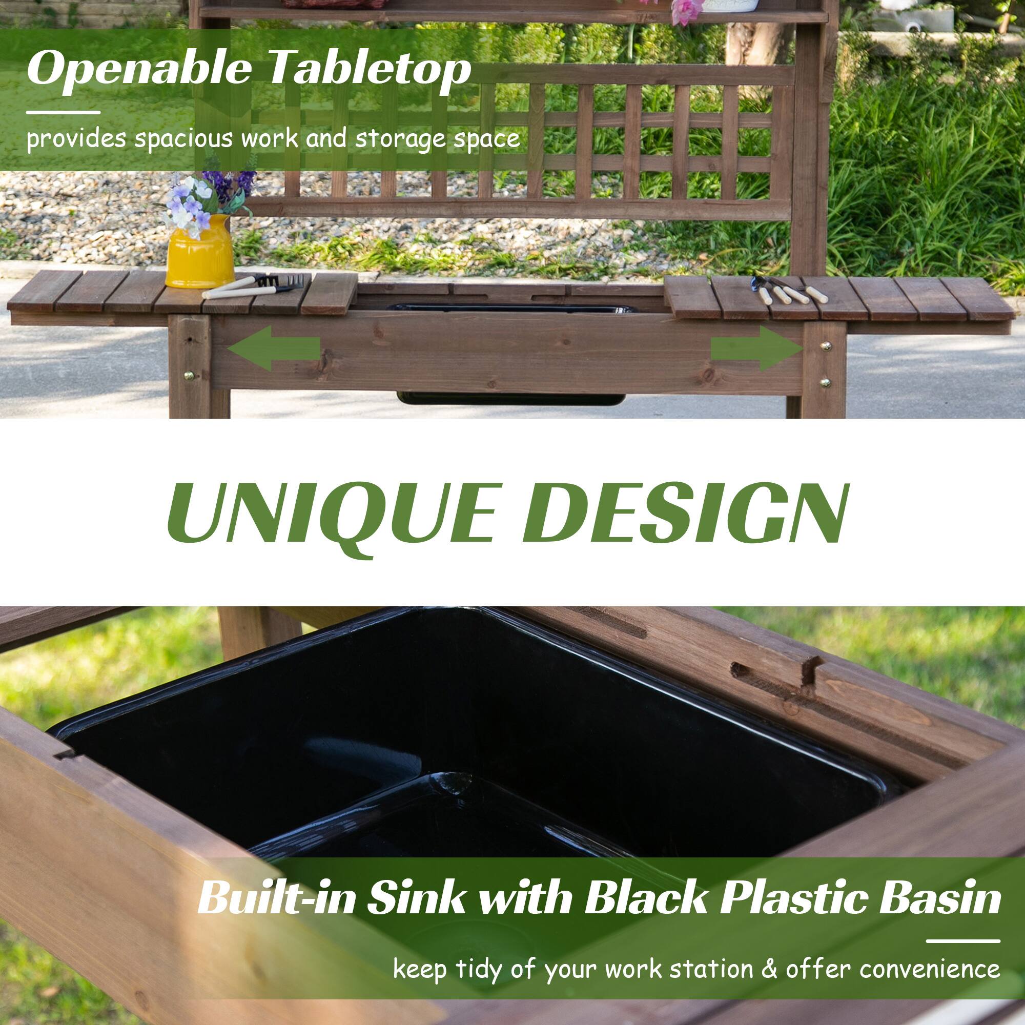 Openable Tabletop provides spacious work and storage space, UNIQUE DESIGN, Built-in Sink with Black Plastic Basin, keep tidy of your work station & offer convenience.