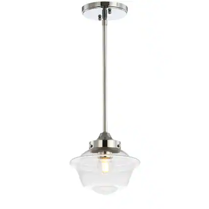 Front. Jonathan Y - Kurtz 7.25" Adjustable Drop Metal/Glass LED Pendant, Chrome - Chrome.