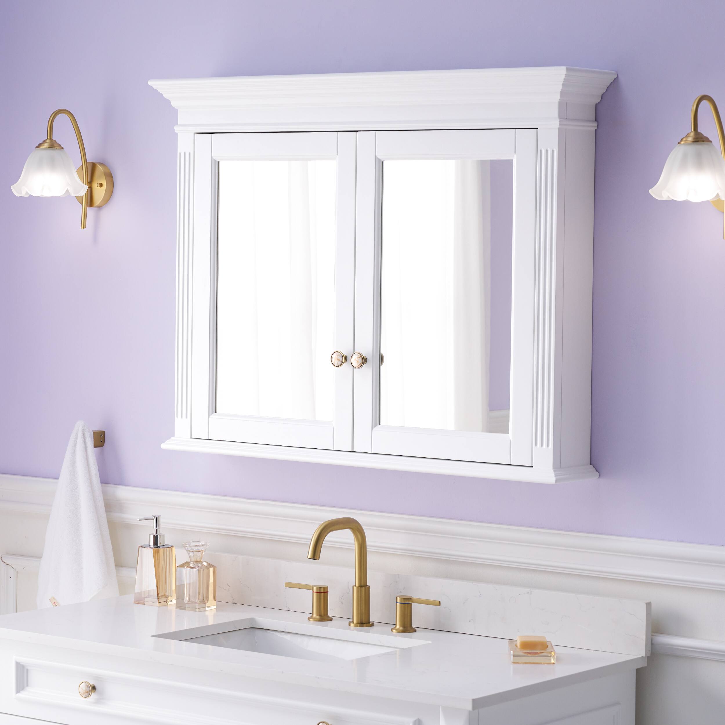 Angle. WELLFOR - 40 in. W x 30 in. H Rectangular Handmade Wood Surface Mount Medicine Cabinet with Mirror, 2 Soft Close Doors - White.