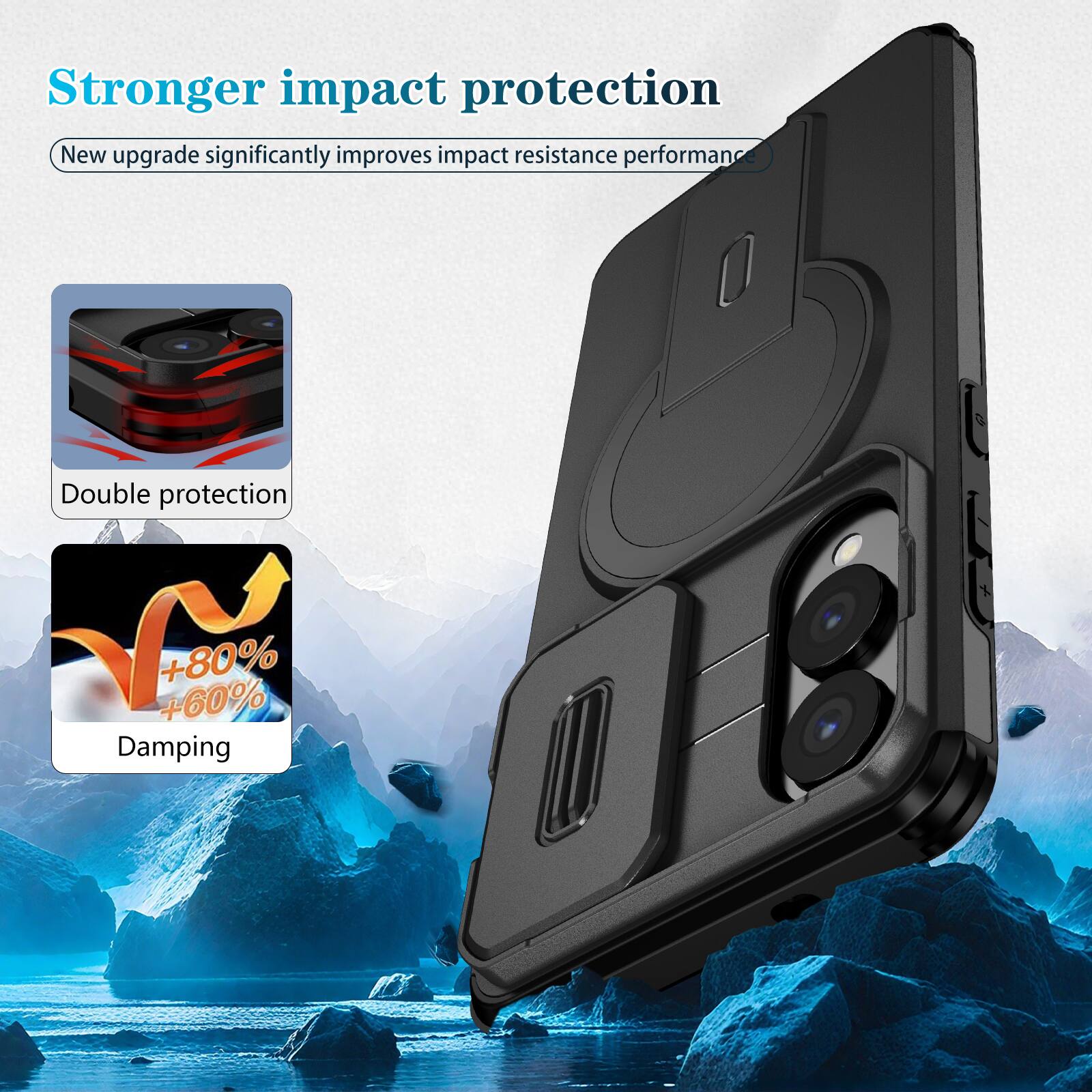 Stronger impact protection  
New upgrade significantly improves impact resistance performance  
Double protection  
+80% +60% Damping