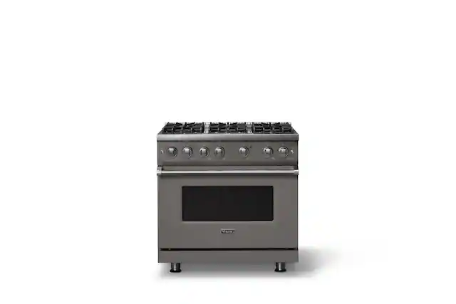 Front. Viking - 36 in. Wide 6 Burner Pro 5 Series 5.1 Cu. Ft. Freestanding Sealed Burner Gas Convection Range - Damascus Gray - Damascus Gray.