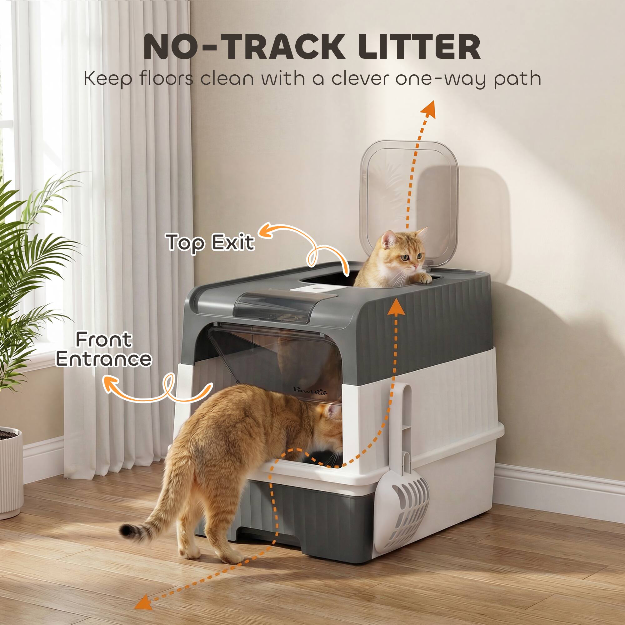 NO-TRACK LITTER  
Keep floors clean with a clever one-way path  

Top Exit  
Front Entrance