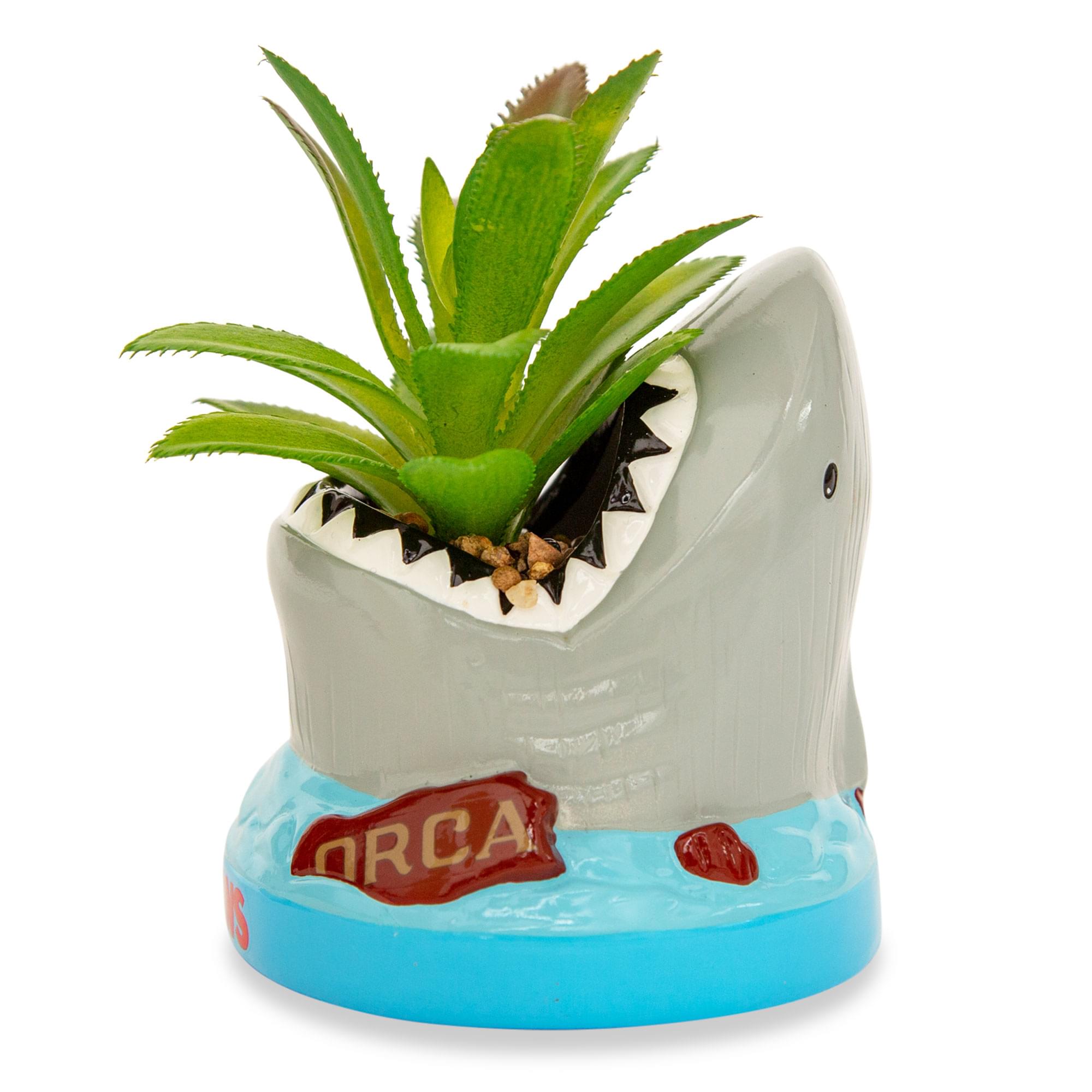 Alt View 2. Silver Buffalo - JAWS Shark 4-Inch Ceramic Mini Planter With Artificial Succulent - Grey.