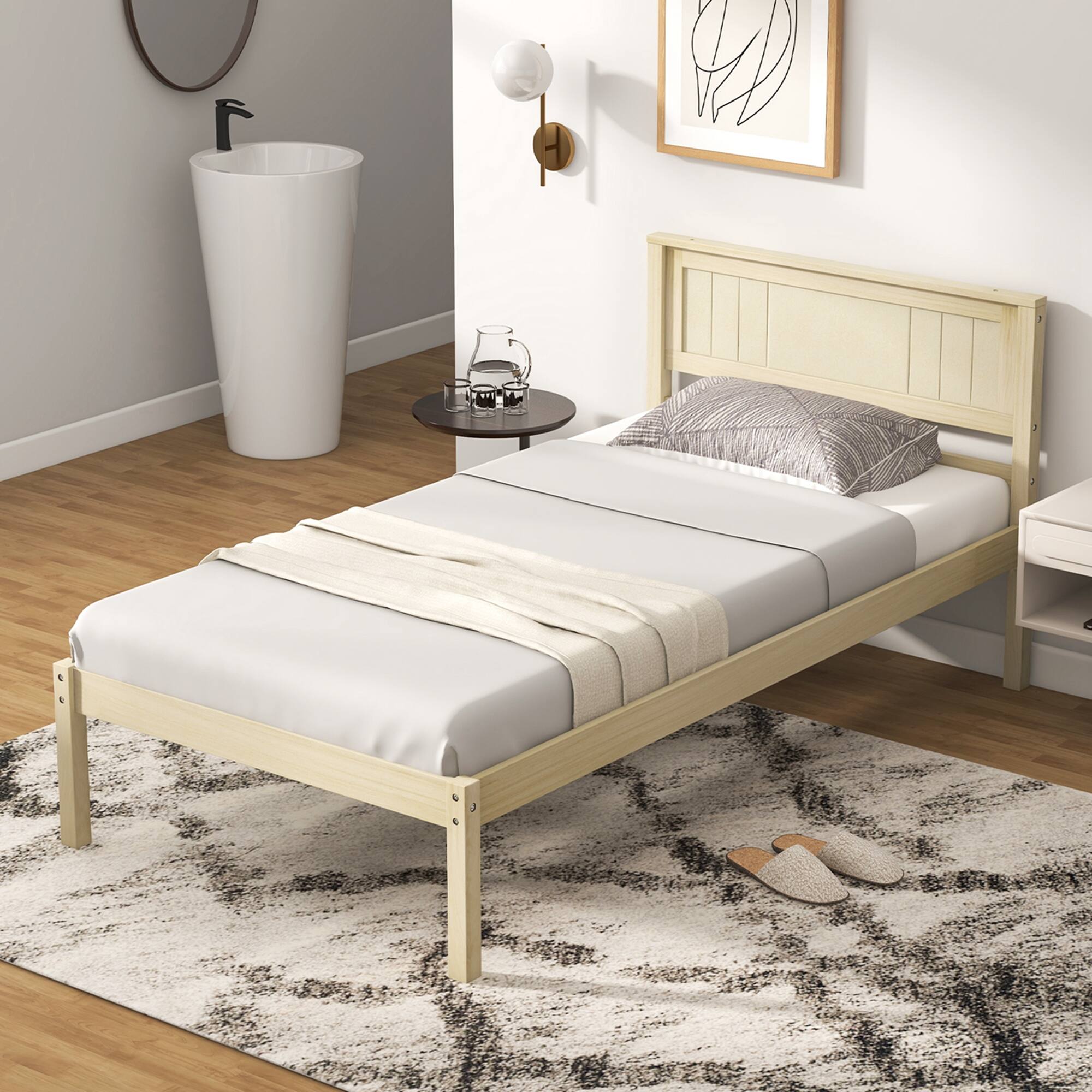 Alt View 2. Costway - Costway Twin Size Wooden Platform Bed Frame with Headboard Mattress Foundation - Natural.