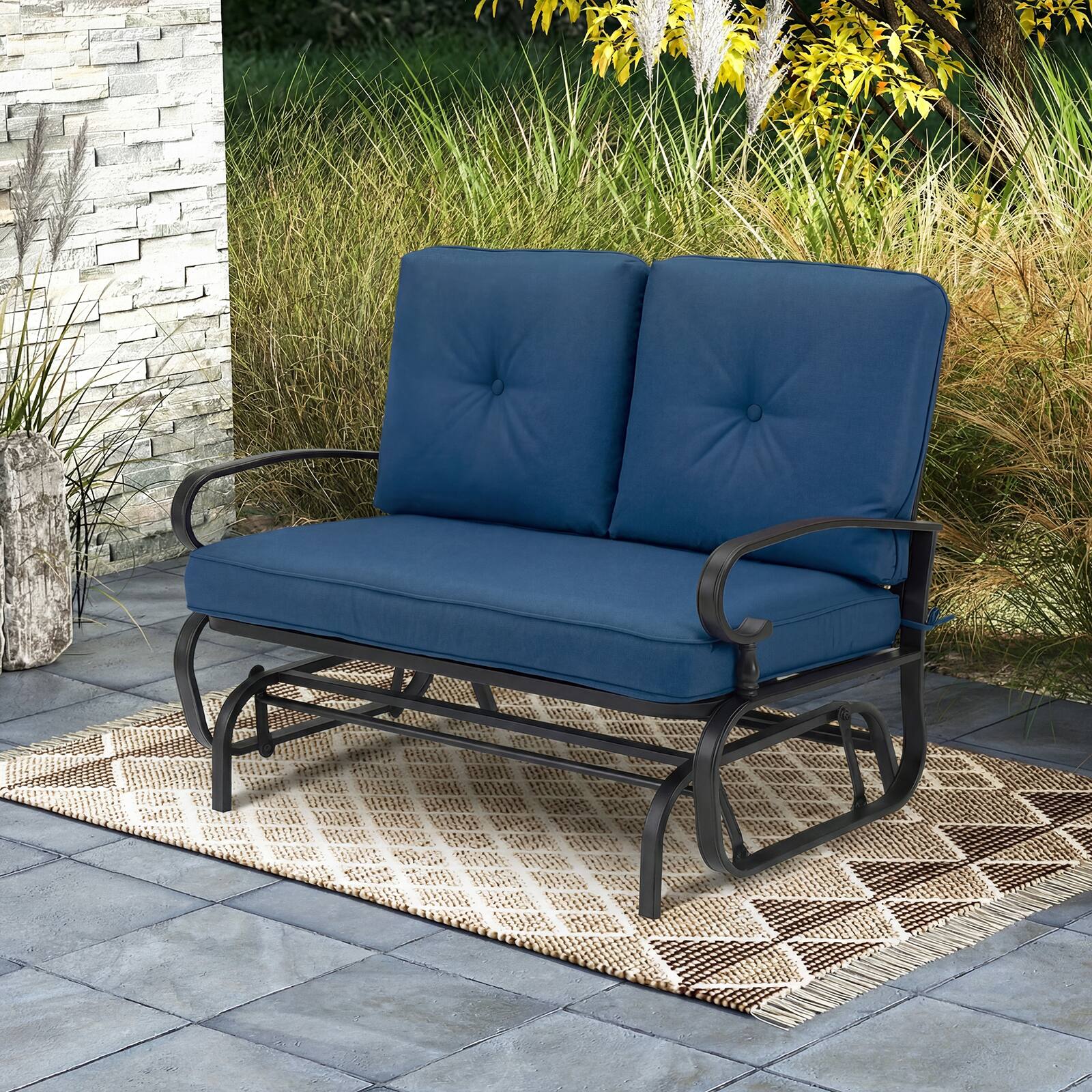 Alt View 3. Costway - Glider Outdoor Patio Rocking Bench Loveseat Cushioned Seat Steel Frame - Navy.