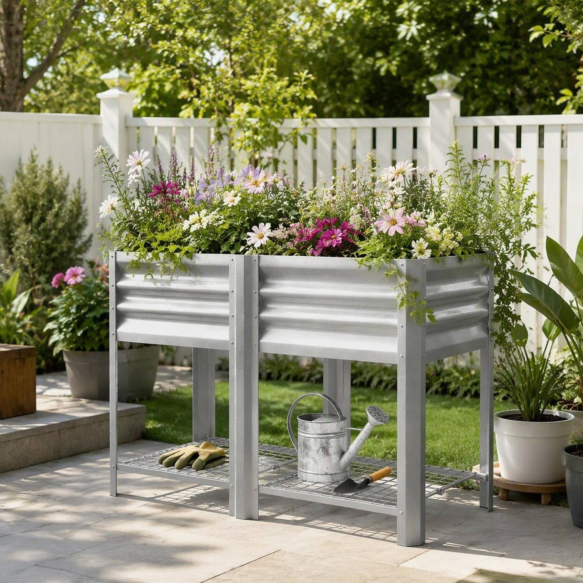 Back. RYHNUYNE - Raised Garden Bed Planter Box with Legs, 39.6 Gallon Outdoor Elevated Steel Planter for Patio, Yard, or Balcony - Silver.