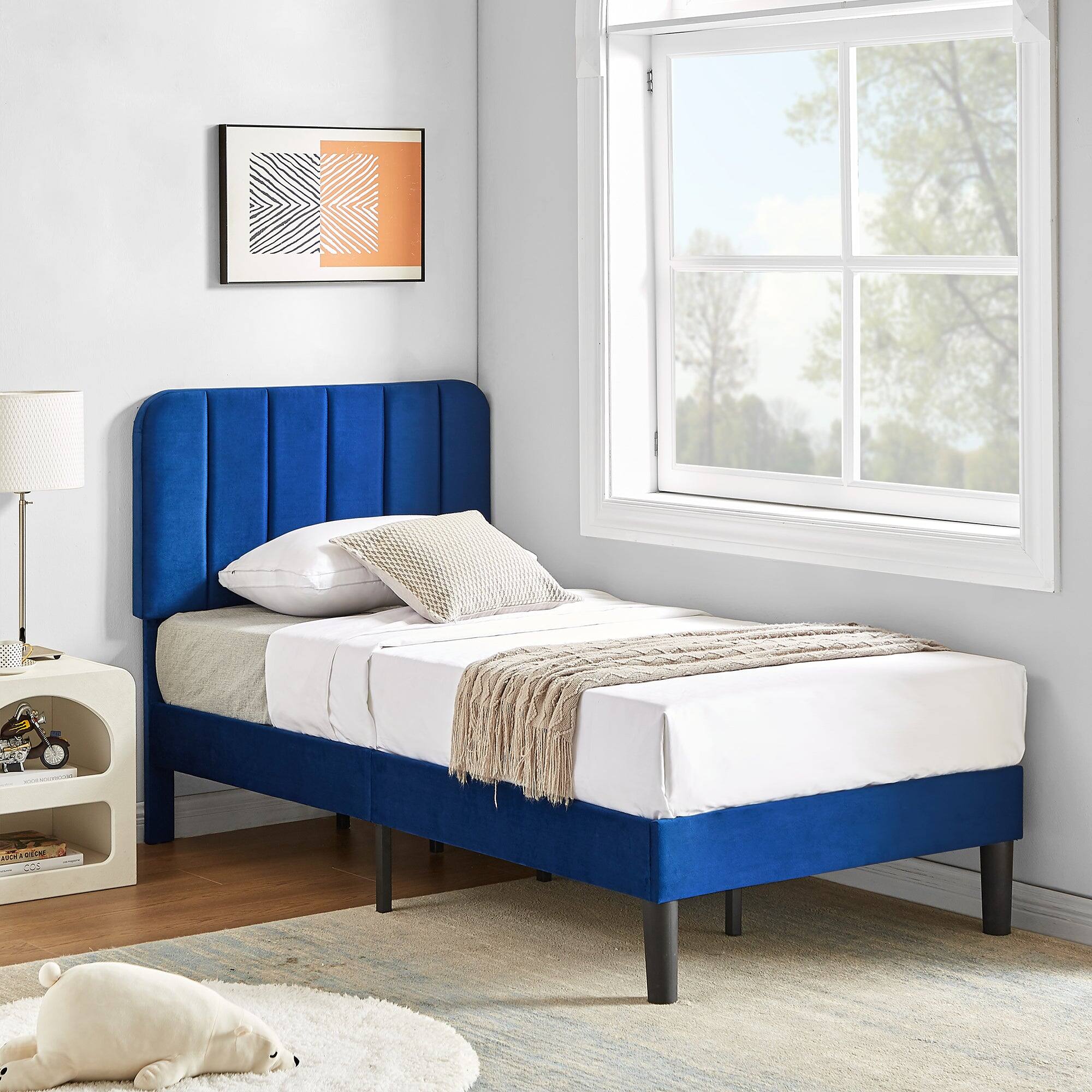 Alt View 1. Vecelo - Twin Bed Frame w/ Padded Headboard & Platform, Reinforced Wood Slats - No Box Spring, Velvet Dark Blue - Easy Assembly - Dark Blue.