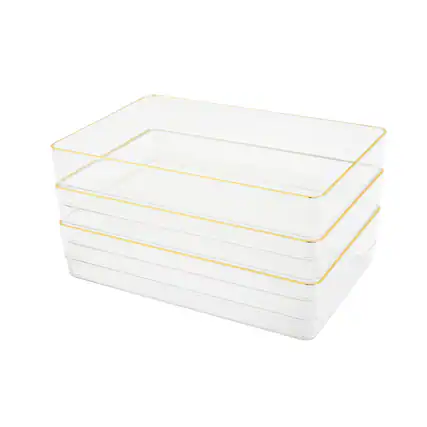 Front. Martha Stewart - Kerry Set of 3 Plastic Stacking Desk Drawer Organizers with Gold Trim - 9 x 6 - Clear/Gold Trim.