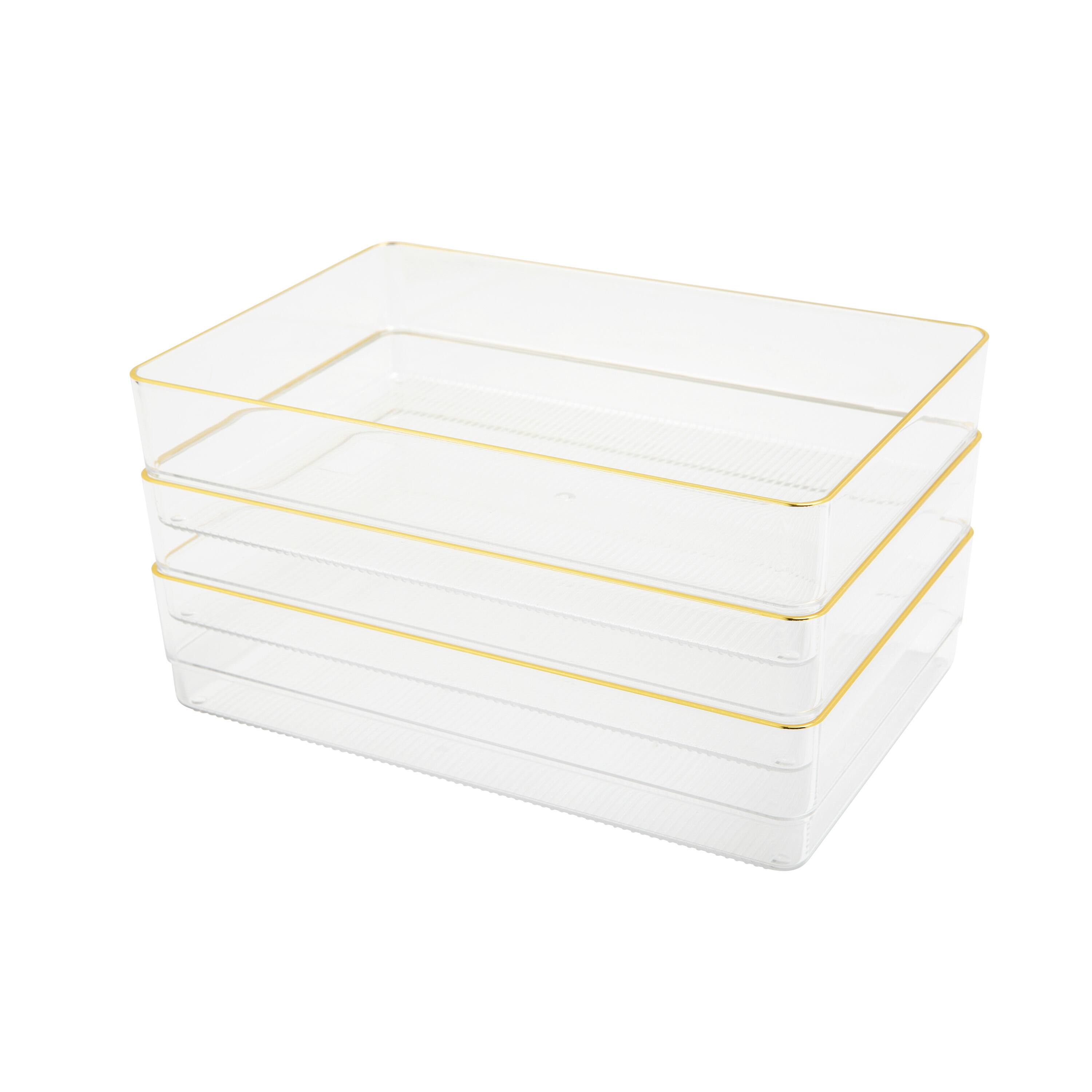 Martha Stewart - Kerry Set of 3 Plastic Stacking Desk Drawer Organizers with Gold Trim - 9 x 6 - Clear/Gold Trim