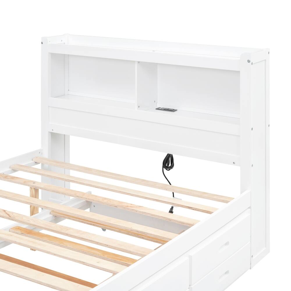 Alt View 10. Loheer - Loheer Full Size Platform Bed with Trundle, Storage Drawers and USB Ports, White Captains Bed with Bookcase Headboard - White.