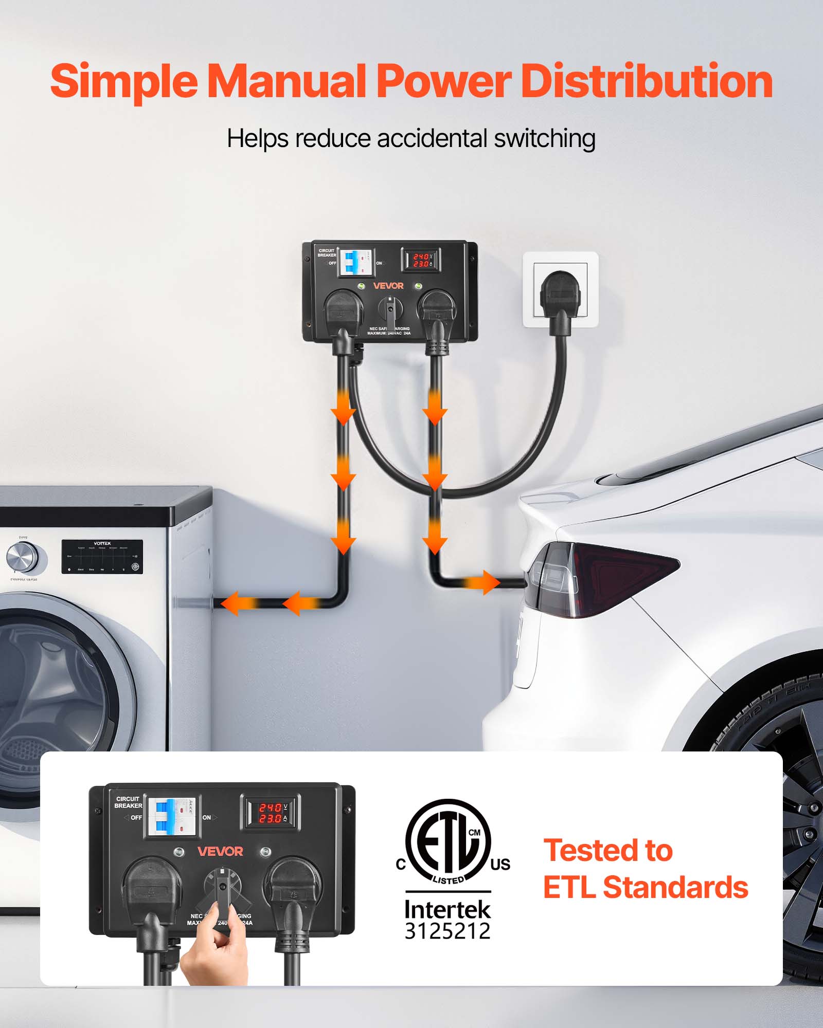 Simple Manual Power Distribution  
Helps reduce accidental switching  

amount BREAKER -  
248 DES  
VEVOR  
- ANGRE - - -  
100  
YOREA  
-  
CIRCUIT BREAKER OFF  
240 1% ON 23.0 VEVOR NEW GING MAY See AM  
CM C ETL US Tested to LISTED ETL Standards Intertek 3125212