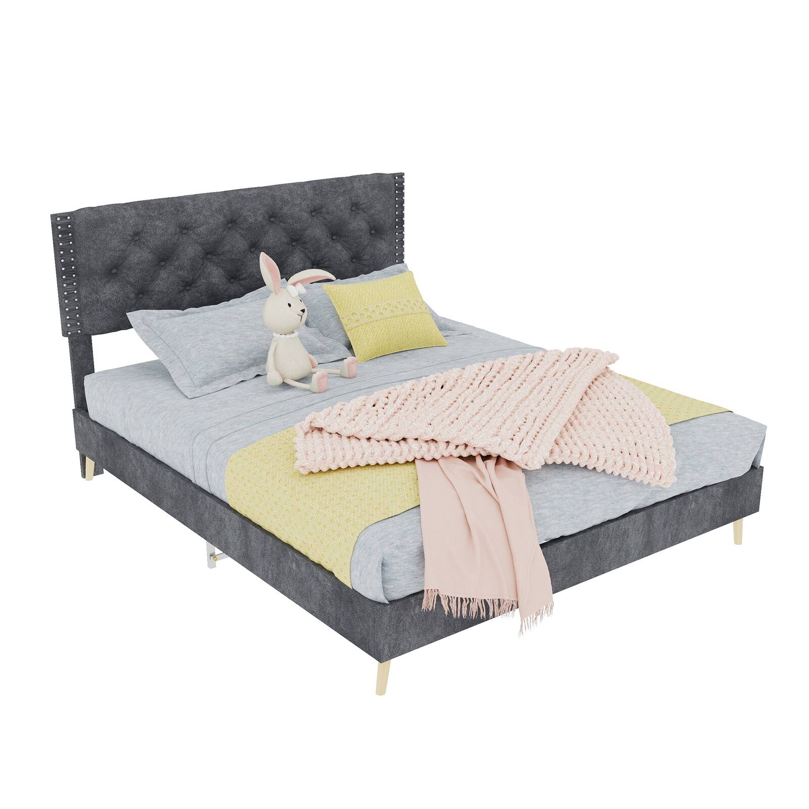Alt View 6. Loheer - Loheer Gray Velvet Queen Bed Frame Sturdy Upholstered Platform Bed - Grey.